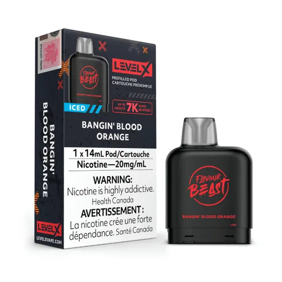 Level X Flavour Beast Pod in Bangin' Blood Orange, black with red branding, beside its packaging.