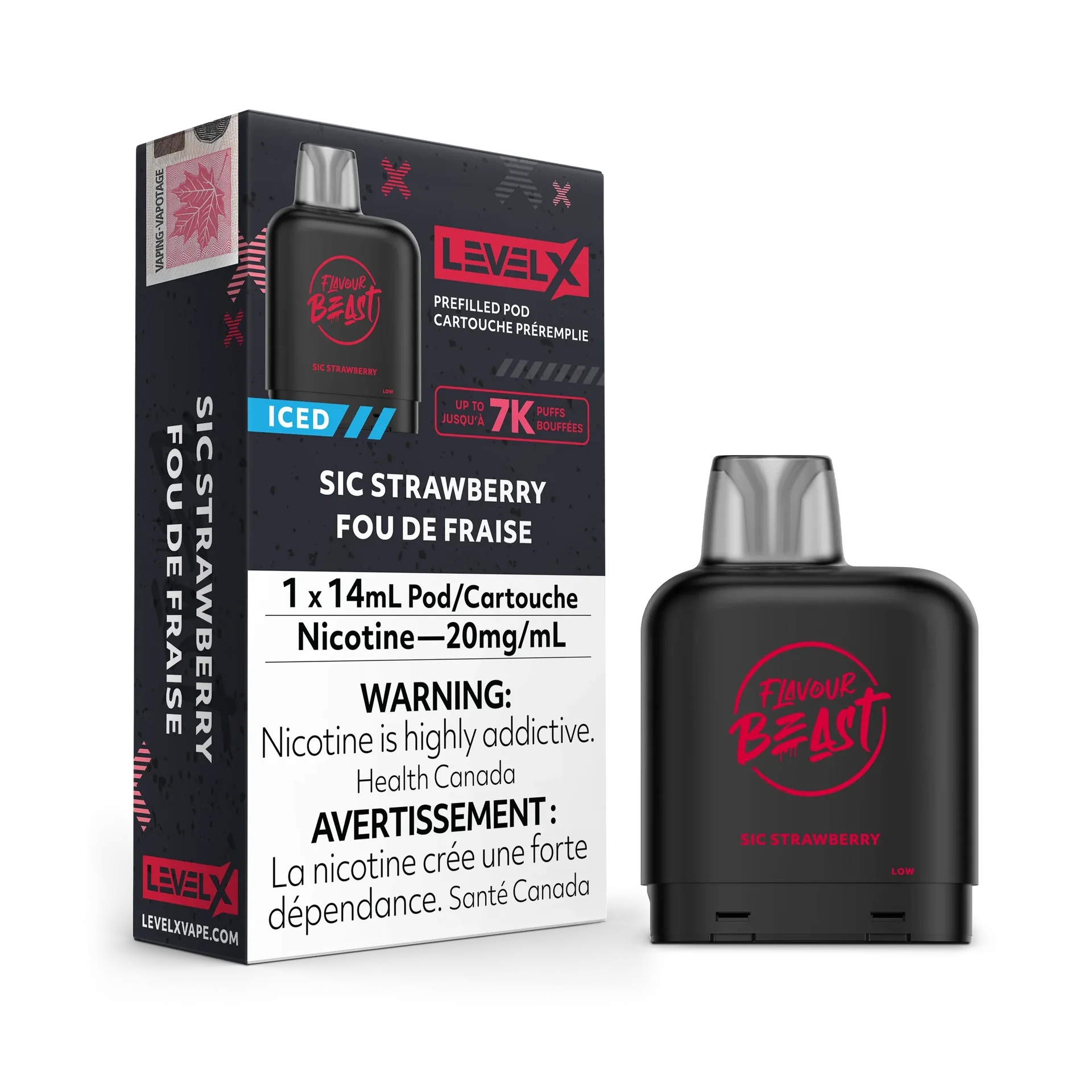 Black Level X Flavour Beast Pod (SIC Strawberry) with red branding, next to its white and red packaging.