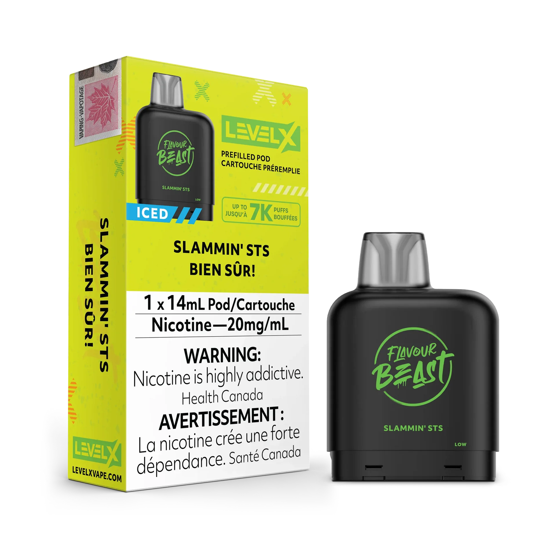 Black Level X Flavour Beast Slammin' STS pod, 14mL, with green branding, next to its green and white packaging.