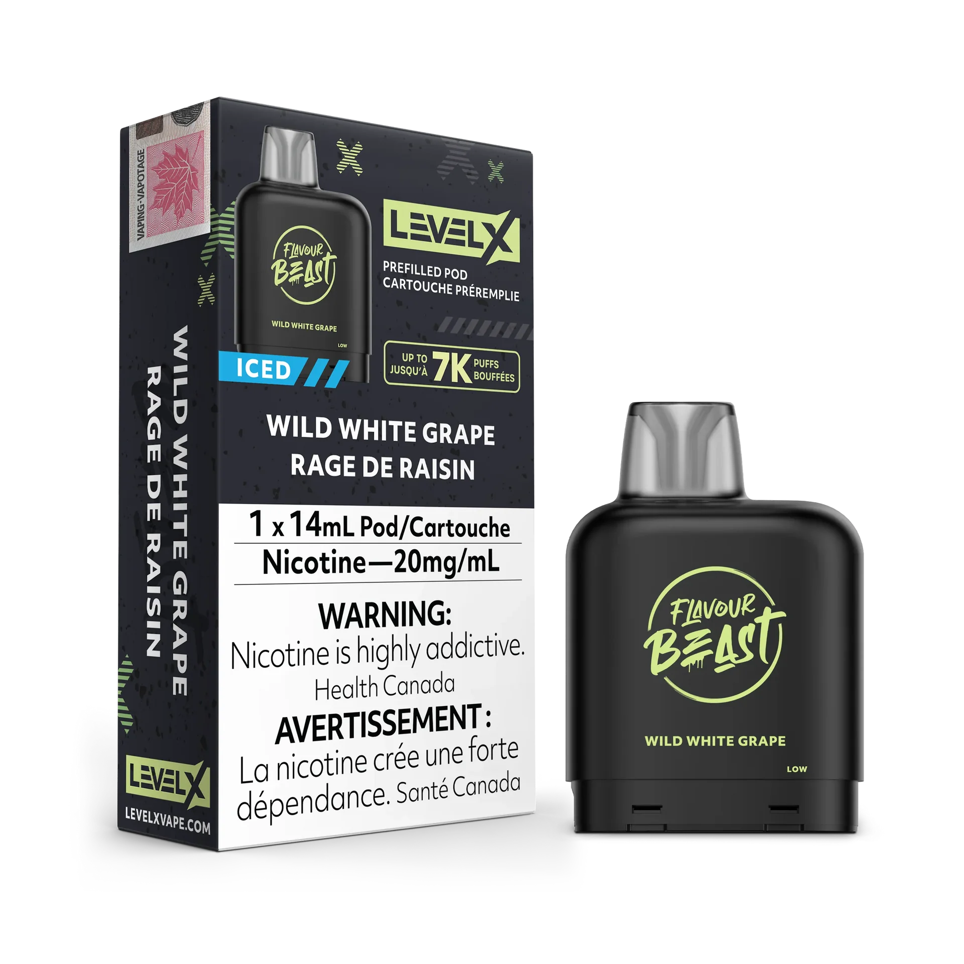 Level X Flavour Beast Pod in Wild White Grape, black with silver mouthpiece, 14mL, 7000 puffs.