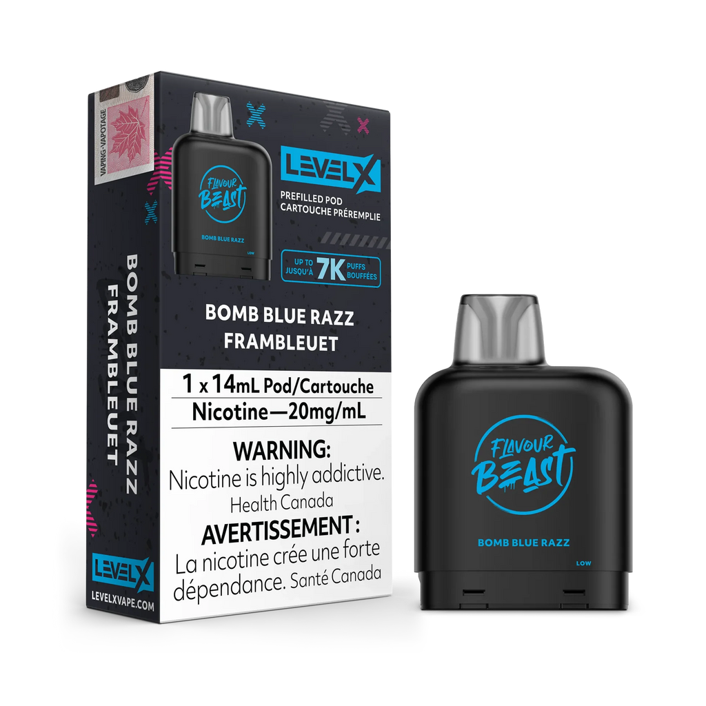 Black Level X Flavour Beast Pod in Bomb Blue Razz, 14mL, with packaging showing 7K puffs.