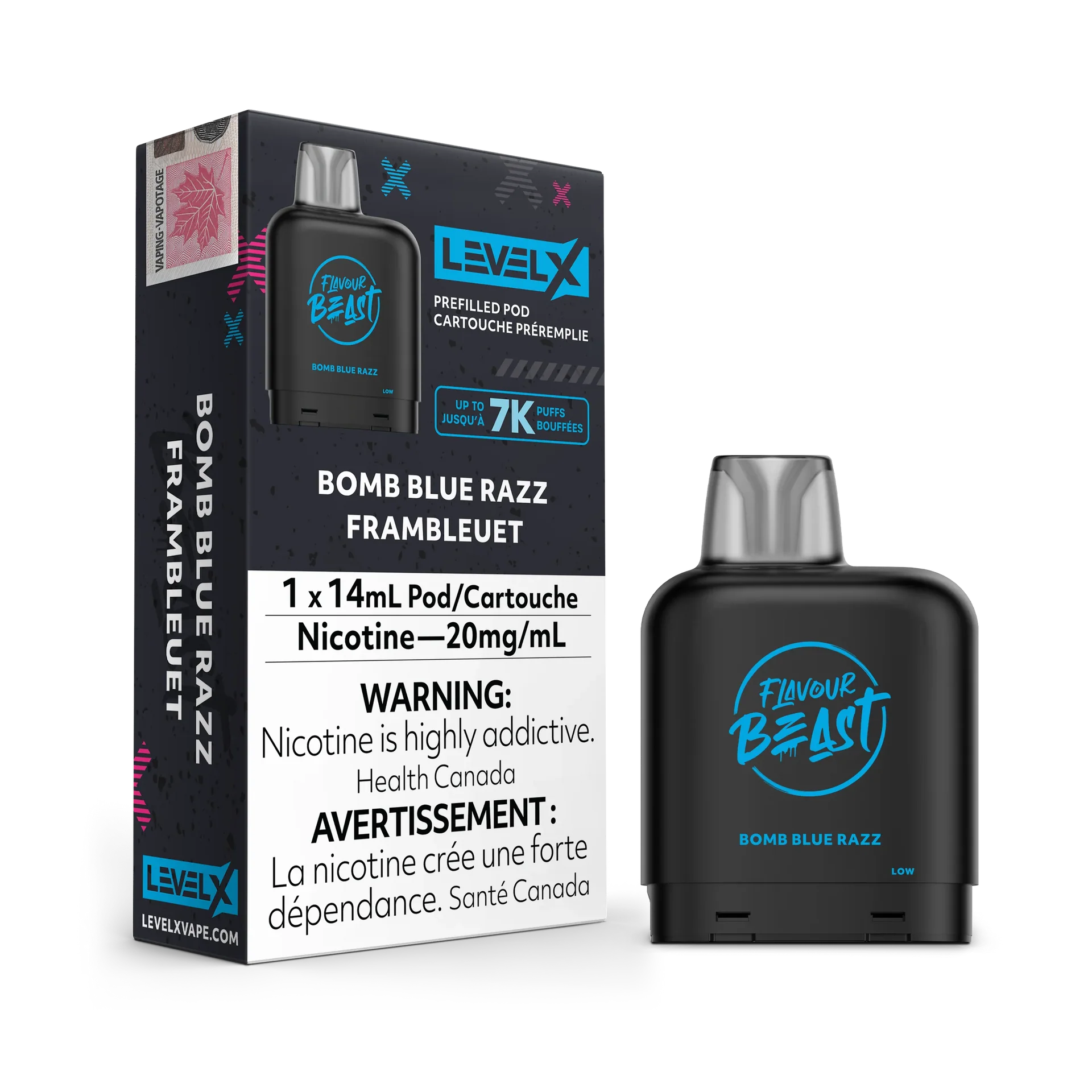 Black Level X Flavour Beast Pod in Bomb Blue Razz, 14mL, with packaging showing 7K puffs.