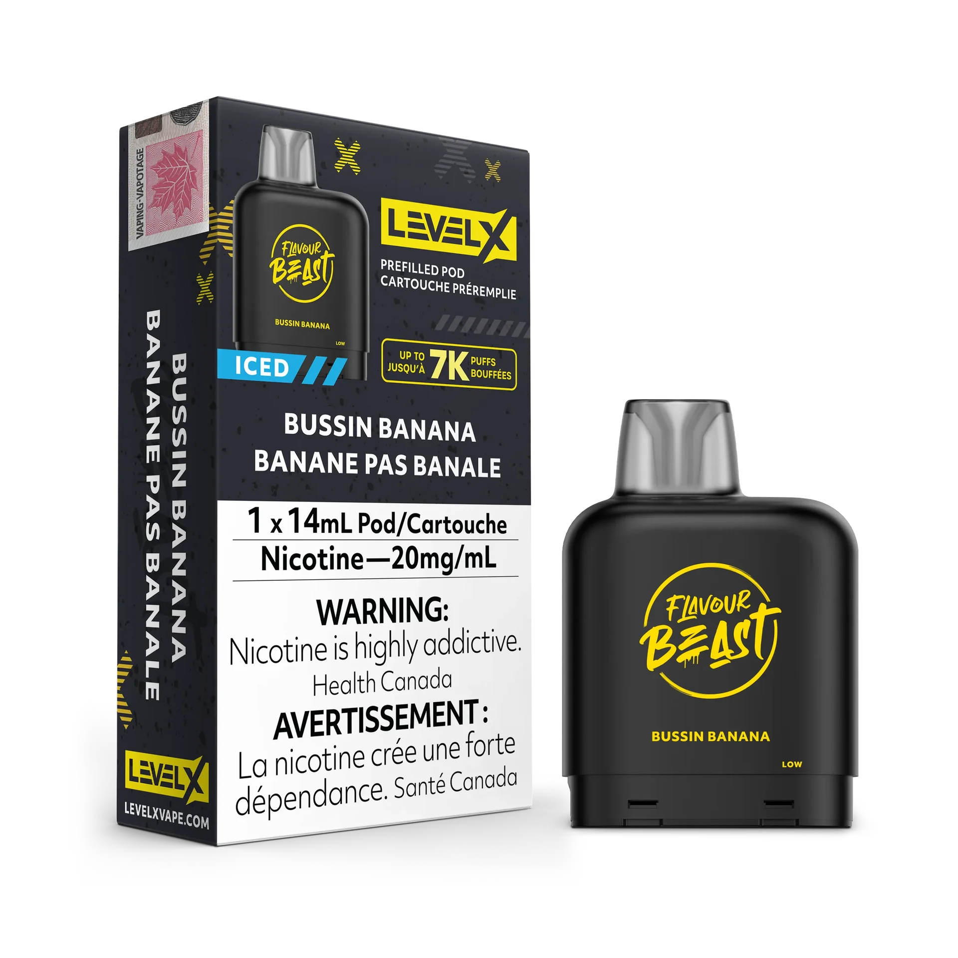 Black Level X Flavour Beast Pod in Bussin Banana, with 14mL capacity and 20mg/mL nicotine, next to its packaging.