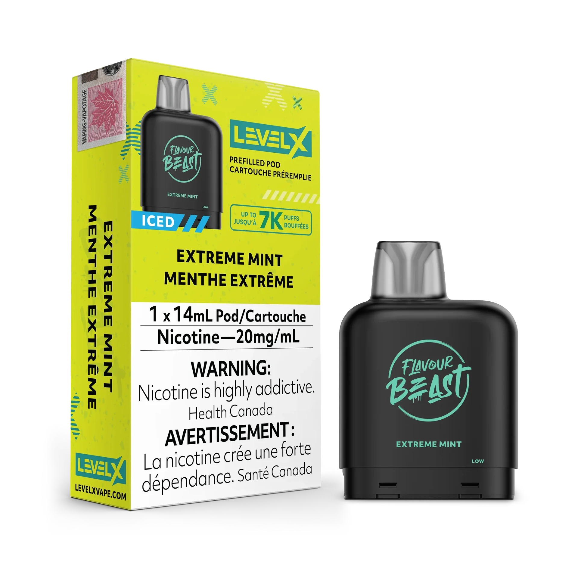 Black Level X Flavour Beast Extreme Mint vape pod with silver mouthpiece and green branding, next to its yellow and green packaging.