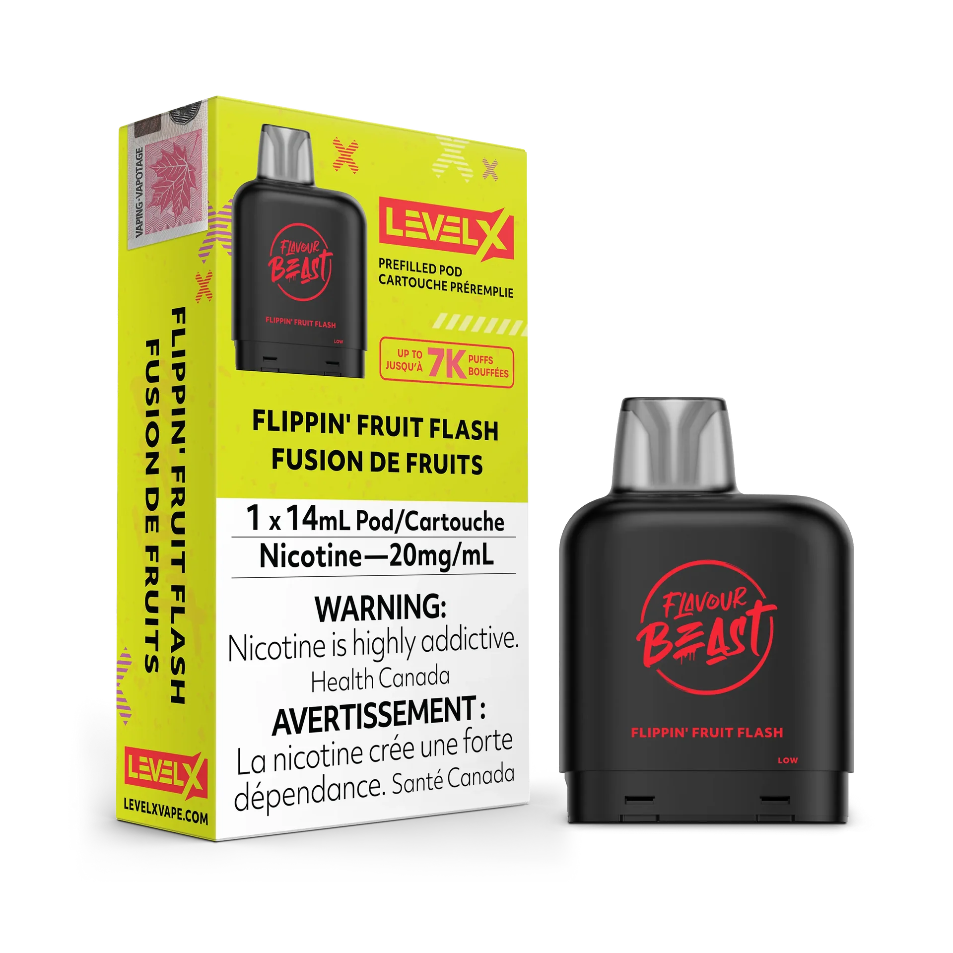 Black Level X Flavour Beast Flippin' Fruit Flash pod with red text, next to its yellow and white packaging.