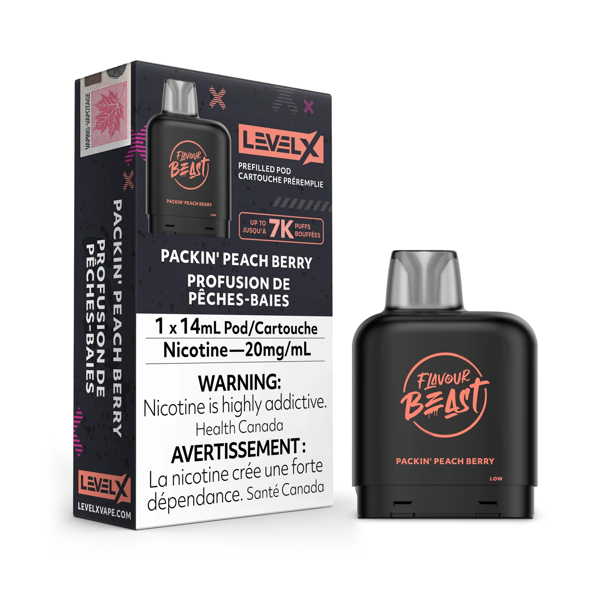 Black Level X Flavour Beast Pod in Packin' Peach Berry, 14mL, with packaging showing 7K puffs.