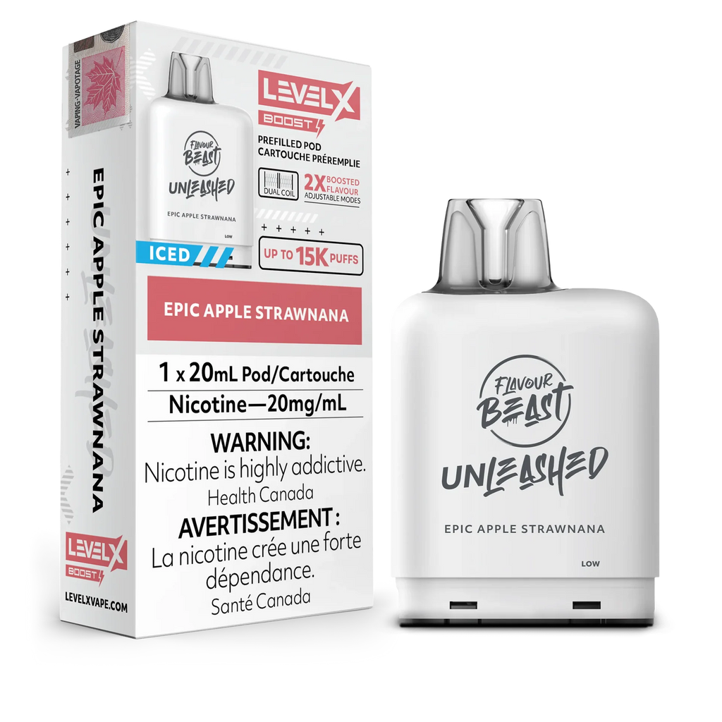 White Level X Flavour Beast Boost Unleashed pod and its packaging, Epic Apple Strawnana flavor.