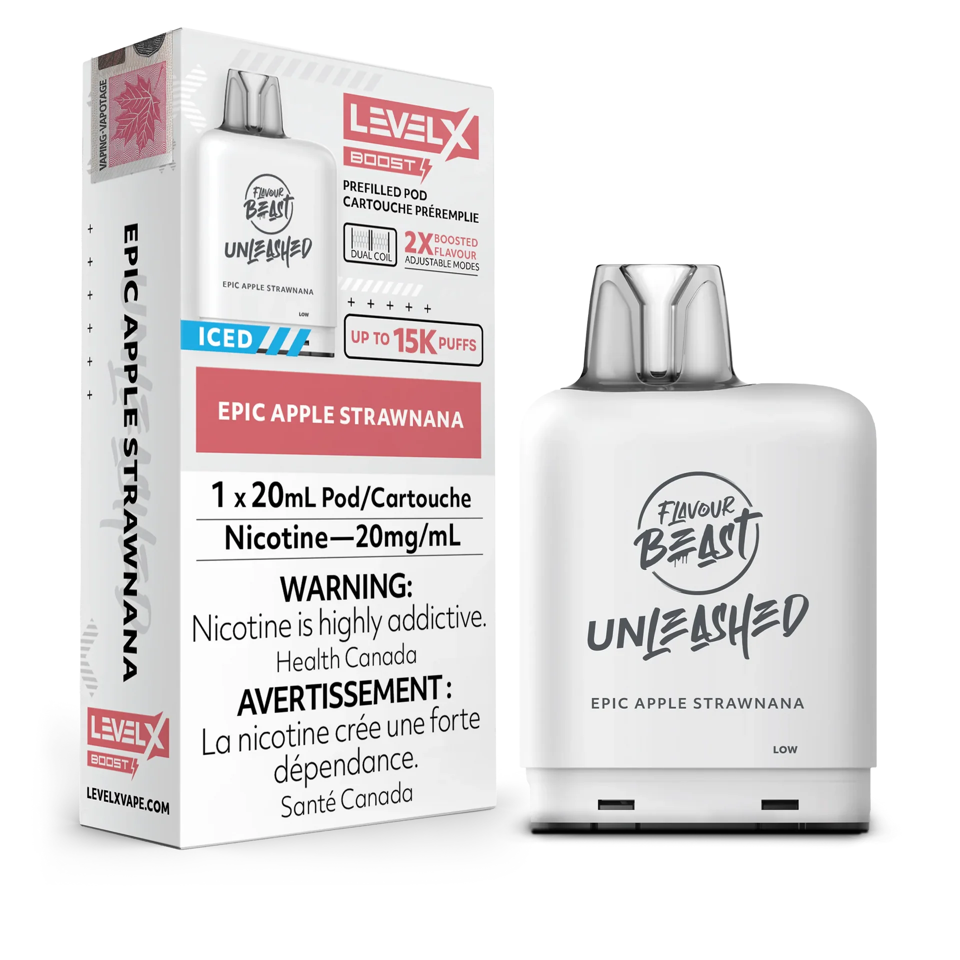 White Level X Flavour Beast Boost Unleashed pod and its box, Epic Apple Strawnana flavor, 15K puffs.