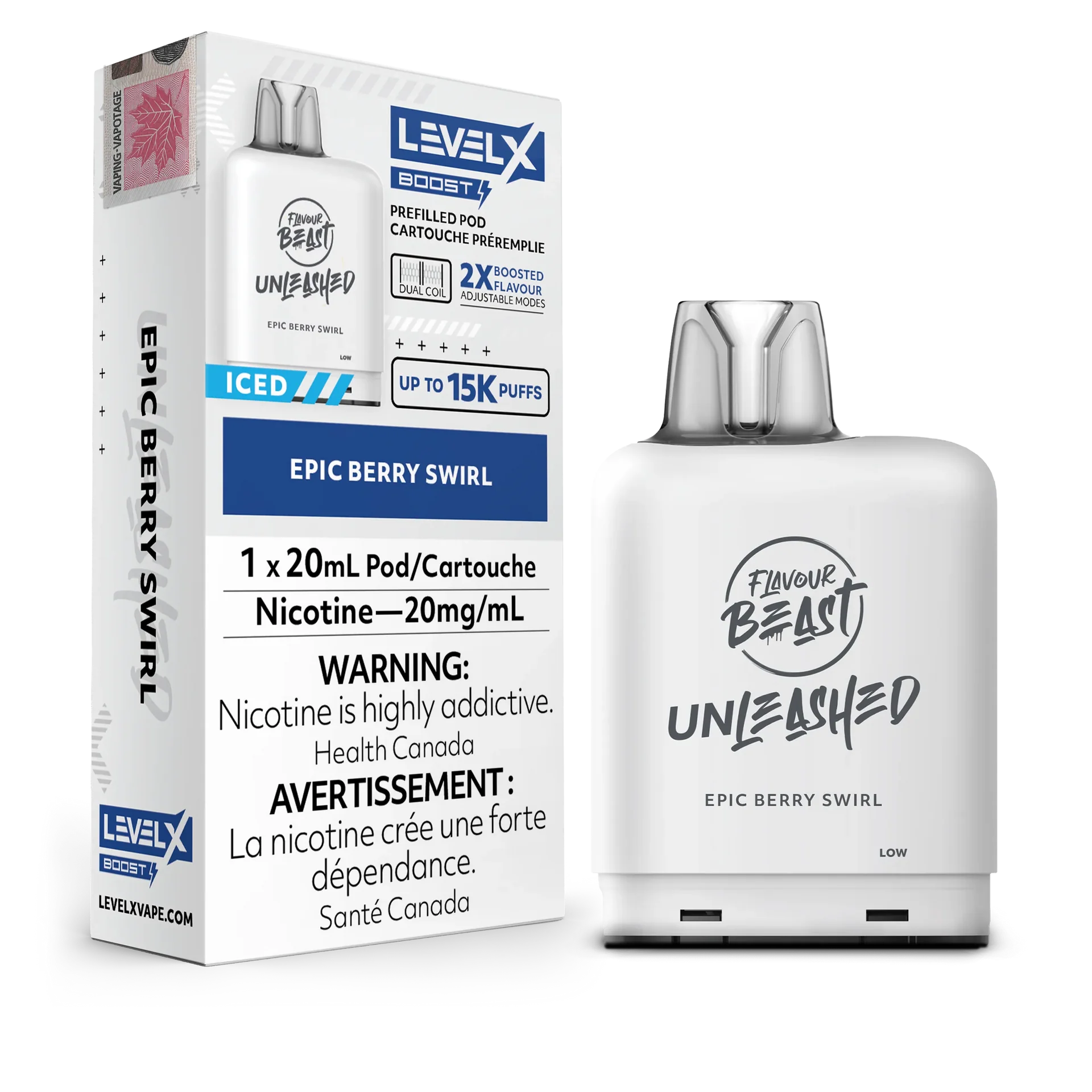 White Level X Flavour Beast Unleashed Boost Pod in Epic Berry Swirl, 20mL, with its packaging.