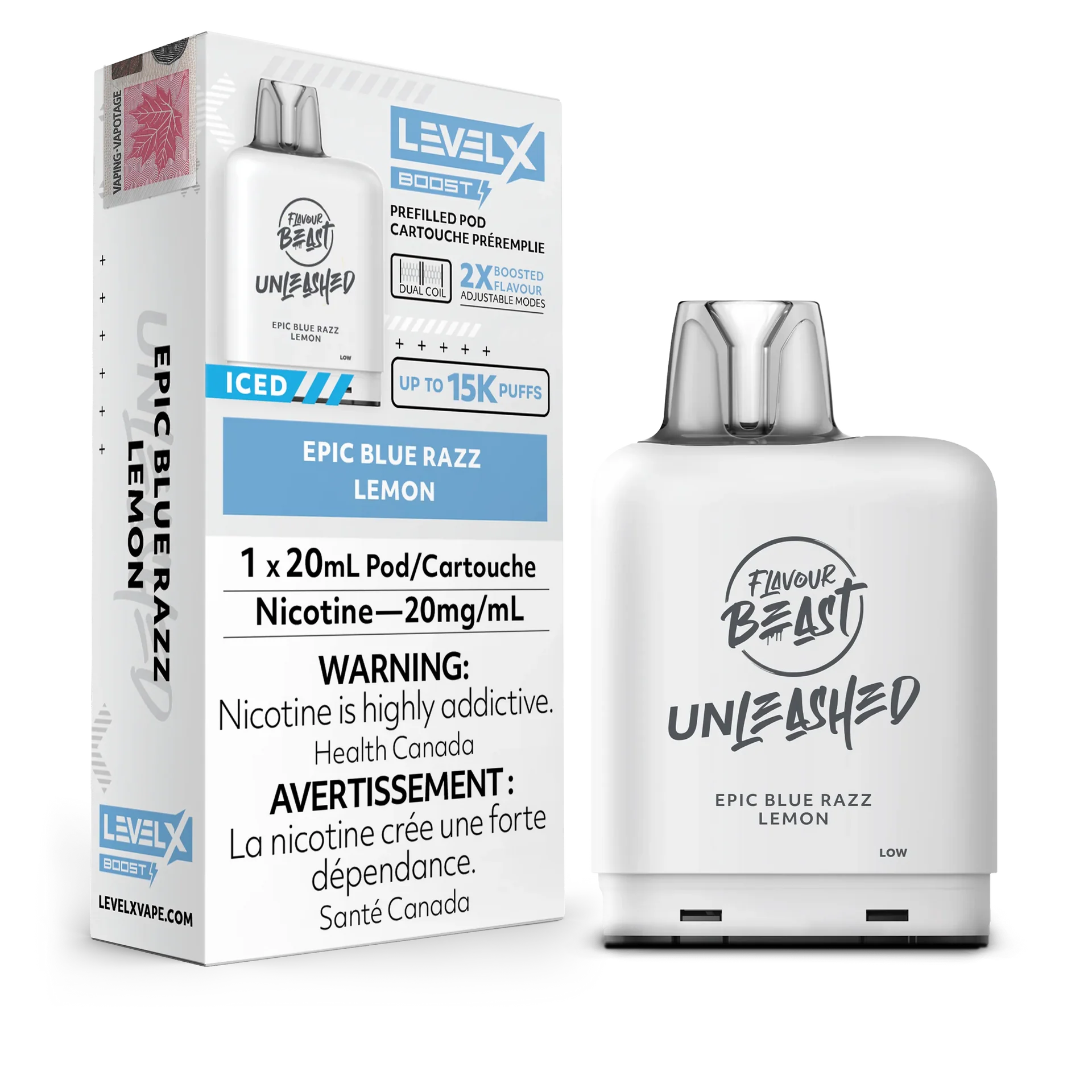 White Level X Flavour Beast Boost Unleashed pod and packaging for Epic Blue Razz Lemon, 20mL, 20mg nicotine.