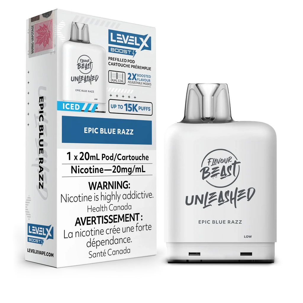 White Level X Flavour Beast Boost Unleashed Pod in Epic Blue Razz, showing 15K puffs and 20mg nicotine.