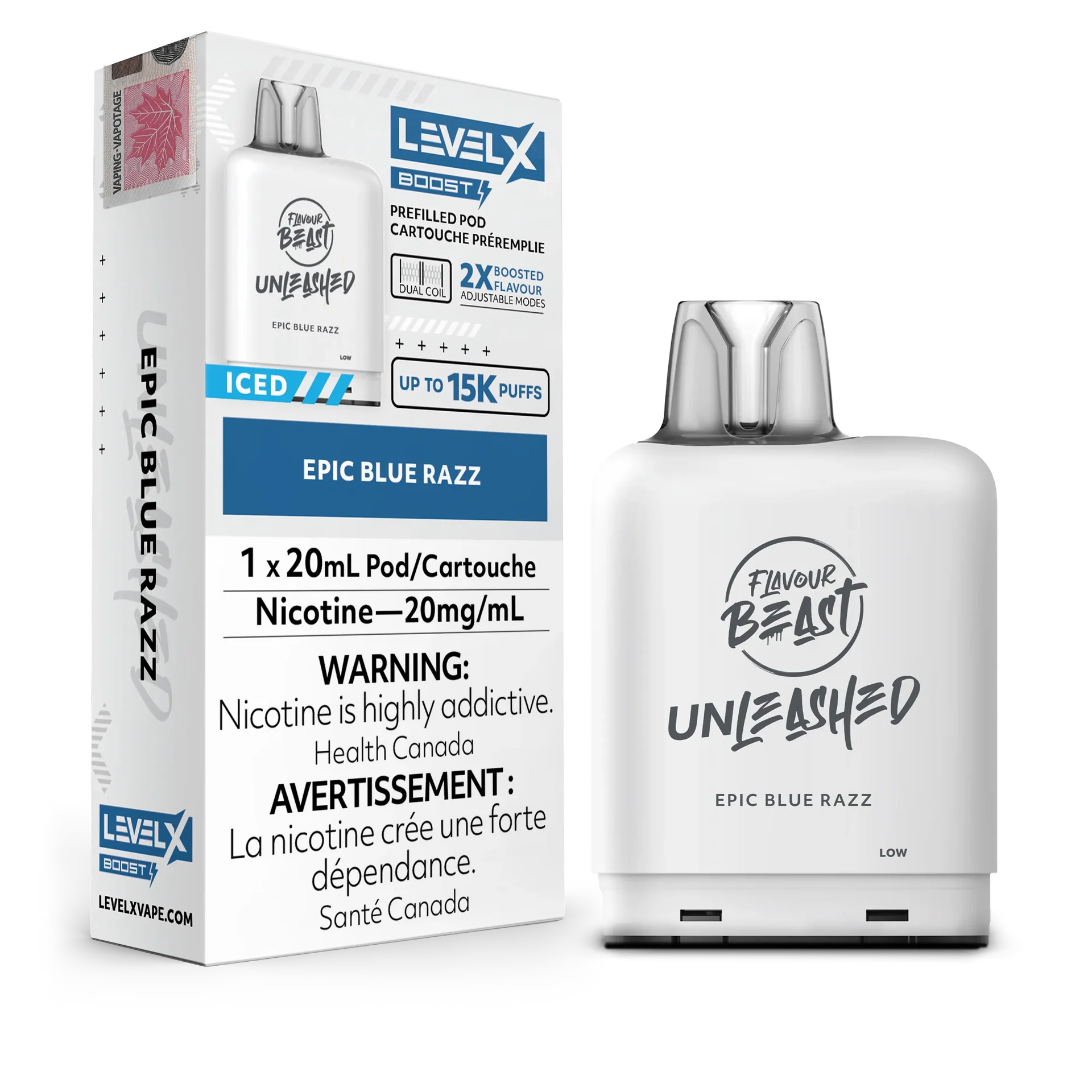 White Level X Flavour Beast Boost Unleashed Pod in Epic Blue Razz, showing 15K puffs and 20mg nicotine.
