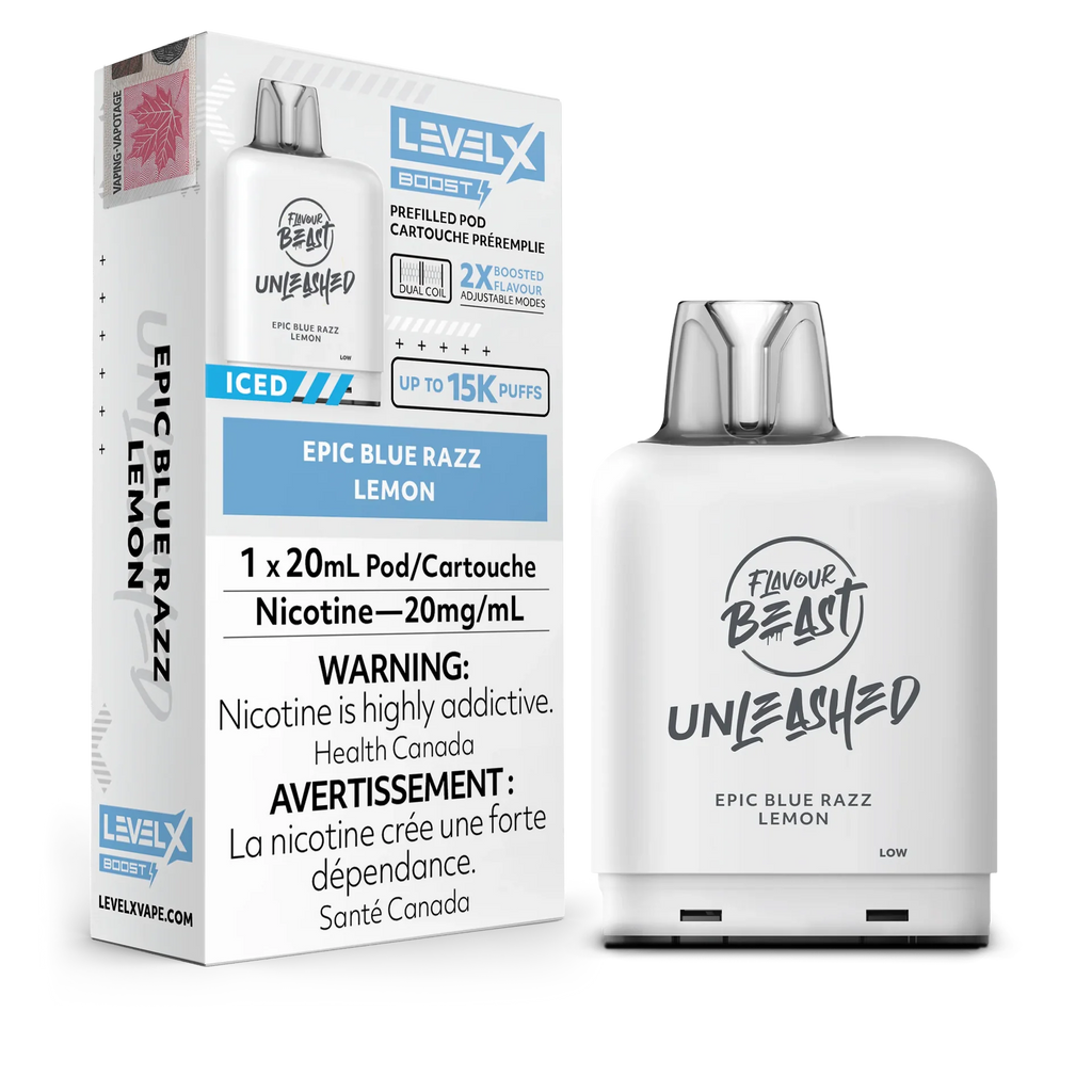 White Level X Flavour Beast Boost Unleashed pod and packaging, Epic Blue Razz Lemon flavor.