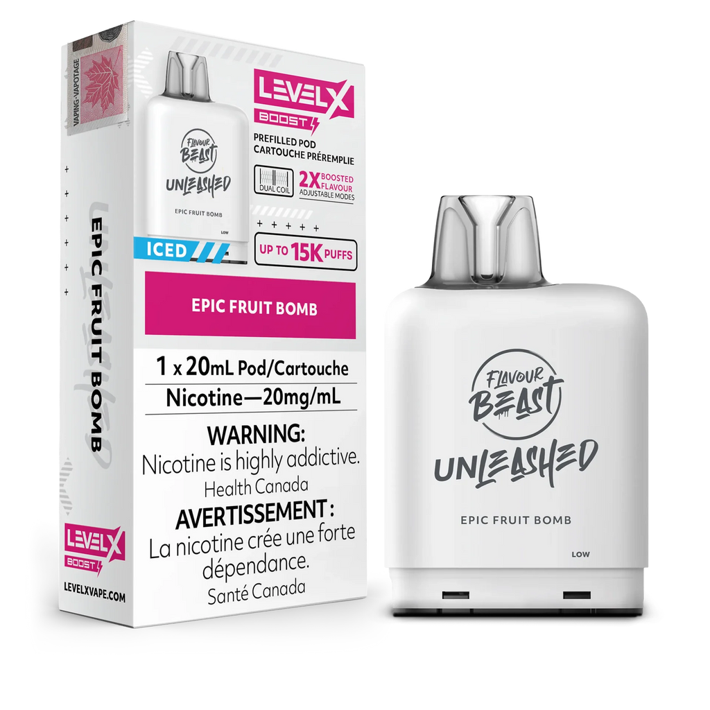 White Level X Flavour Beast Boost Unleashed Epic Fruit Bomb vape pod and its packaging, showing 15K puffs.
