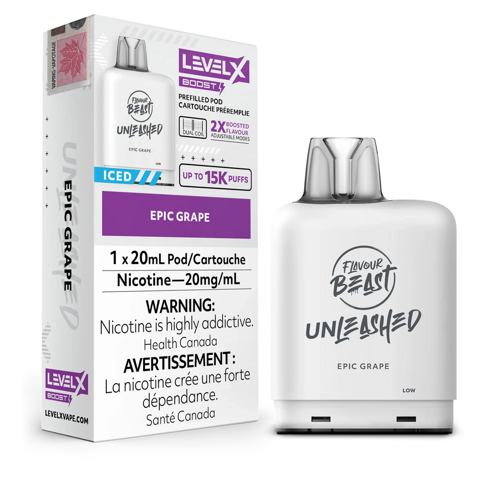 White Level X Flavour Beast Boost Unleashed Epic Grape pod and its packaging, showing 15K puffs and 20mg nicotine.
