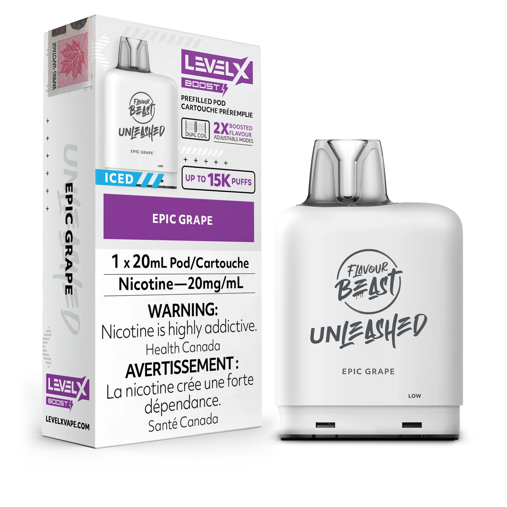 White Level X Flavour Beast Boost Unleashed Epic Grape pod and its packaging, showing 15K puffs and 20mg nicotine.