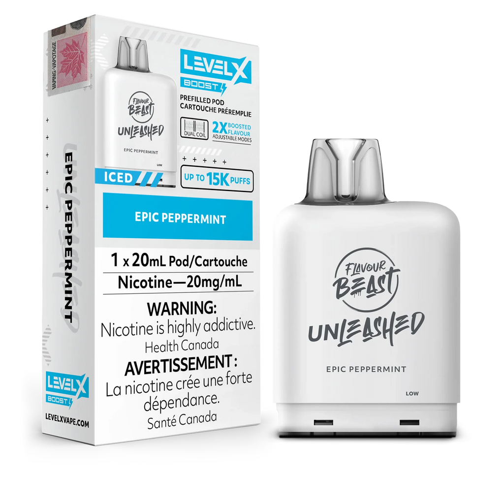 White Level X Flavour Beast Unleashed Boost Pod in Epic Peppermint, 20mL, 20mg/mL, with packaging.