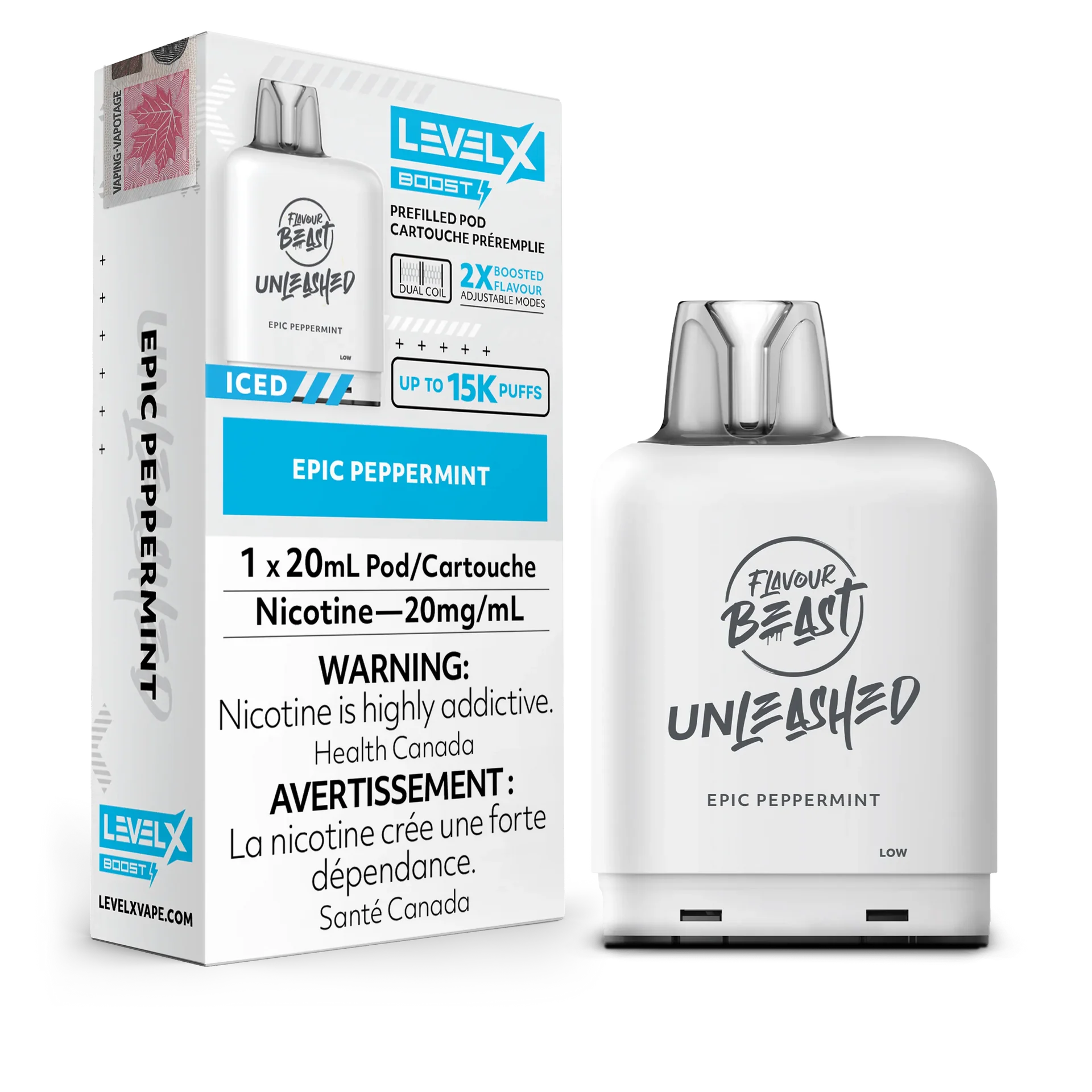 White Level X Flavour Beast Unleashed Boost Pod in Epic Peppermint, 20mL, 20mg/mL, with packaging.