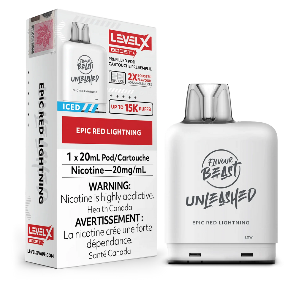 White Level X Flavour Beast Boost Unleashed Pod in Epic Red Lightning, 20mL, 20mg/mL nicotine.