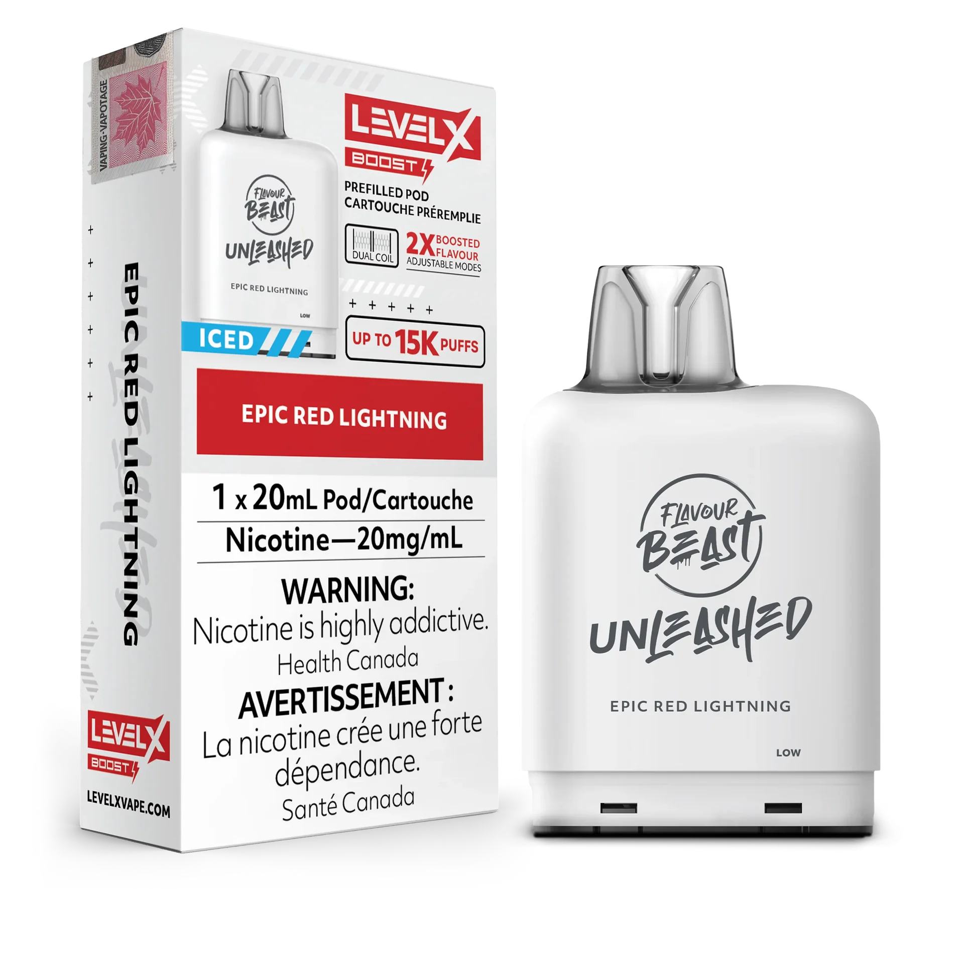 White Level X Flavour Beast Boost Unleashed Pod in Epic Red Lightning, 20mL, 20mg/mL nicotine.