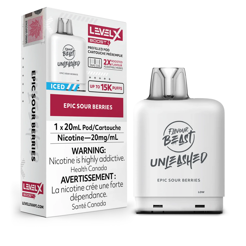 White Level X Flavour Beast Unleashed Boost Pod in Epic Sour Berries, showing packaging and the pod.