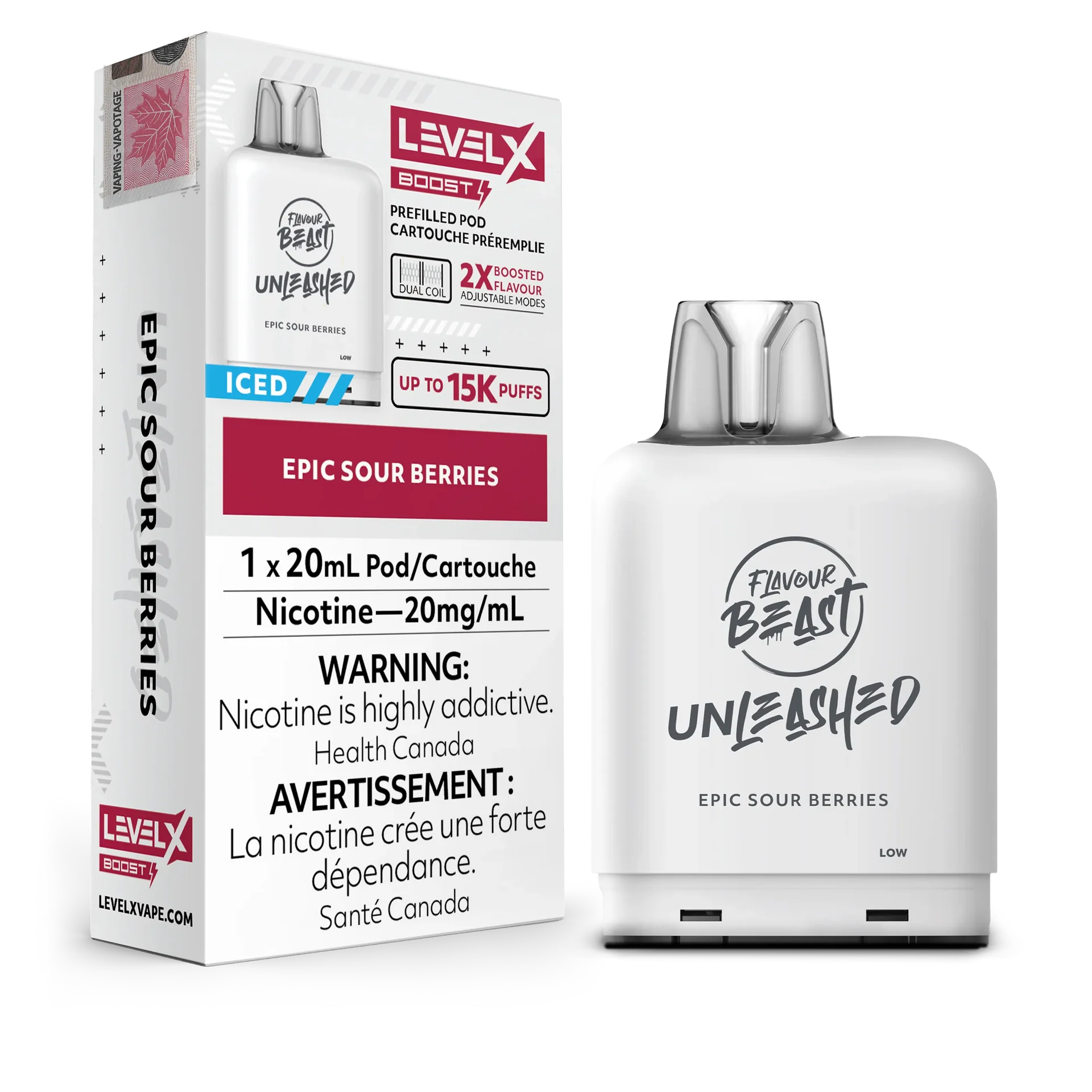 White Level X Flavour Beast Unleashed Boost Pod in Epic Sour Berries, showing packaging and the pod.
