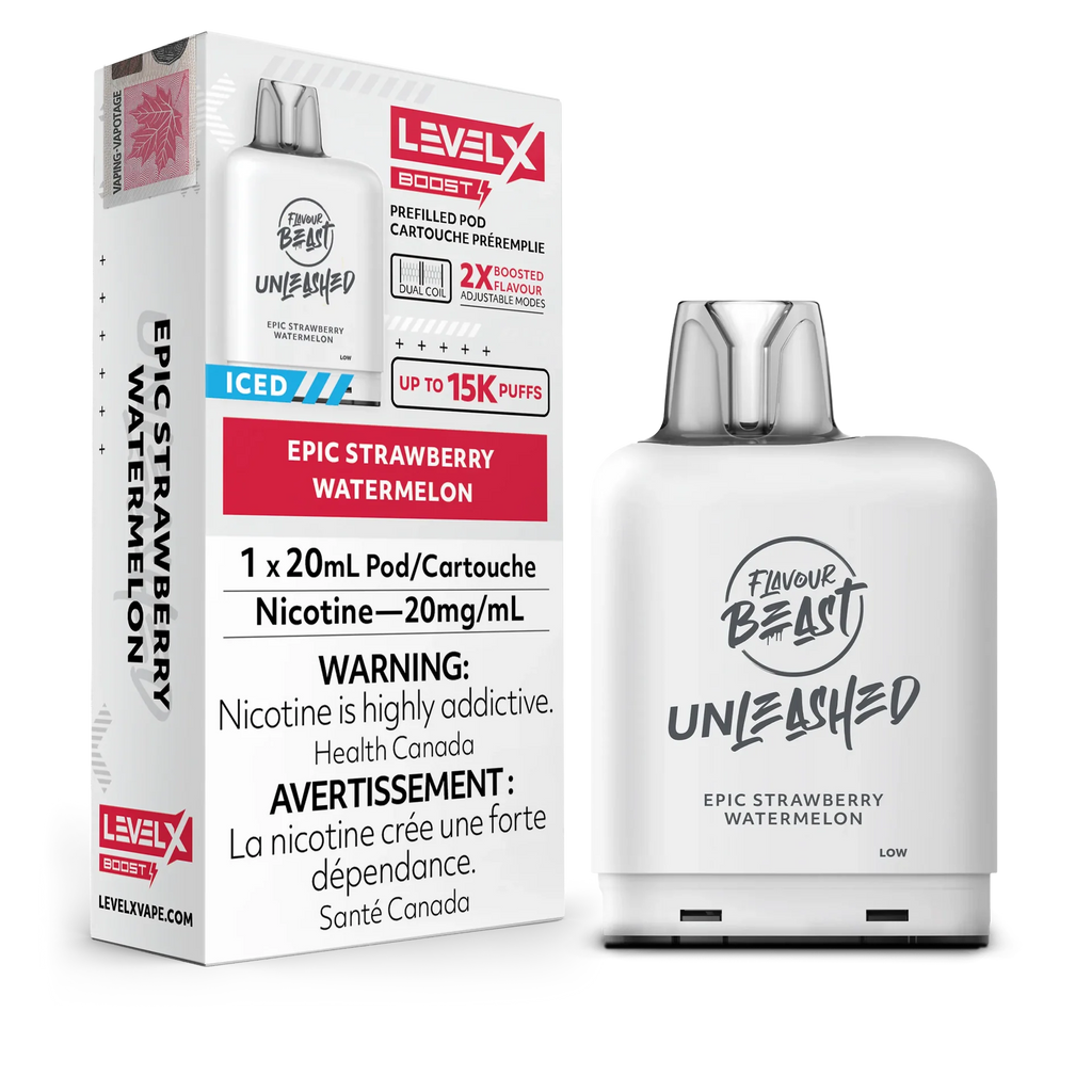 White Level X Flavour Beast Boost Unleashed pod and box, Epic Strawberry Watermelon flavor, 20mL, 20mg nicotine.