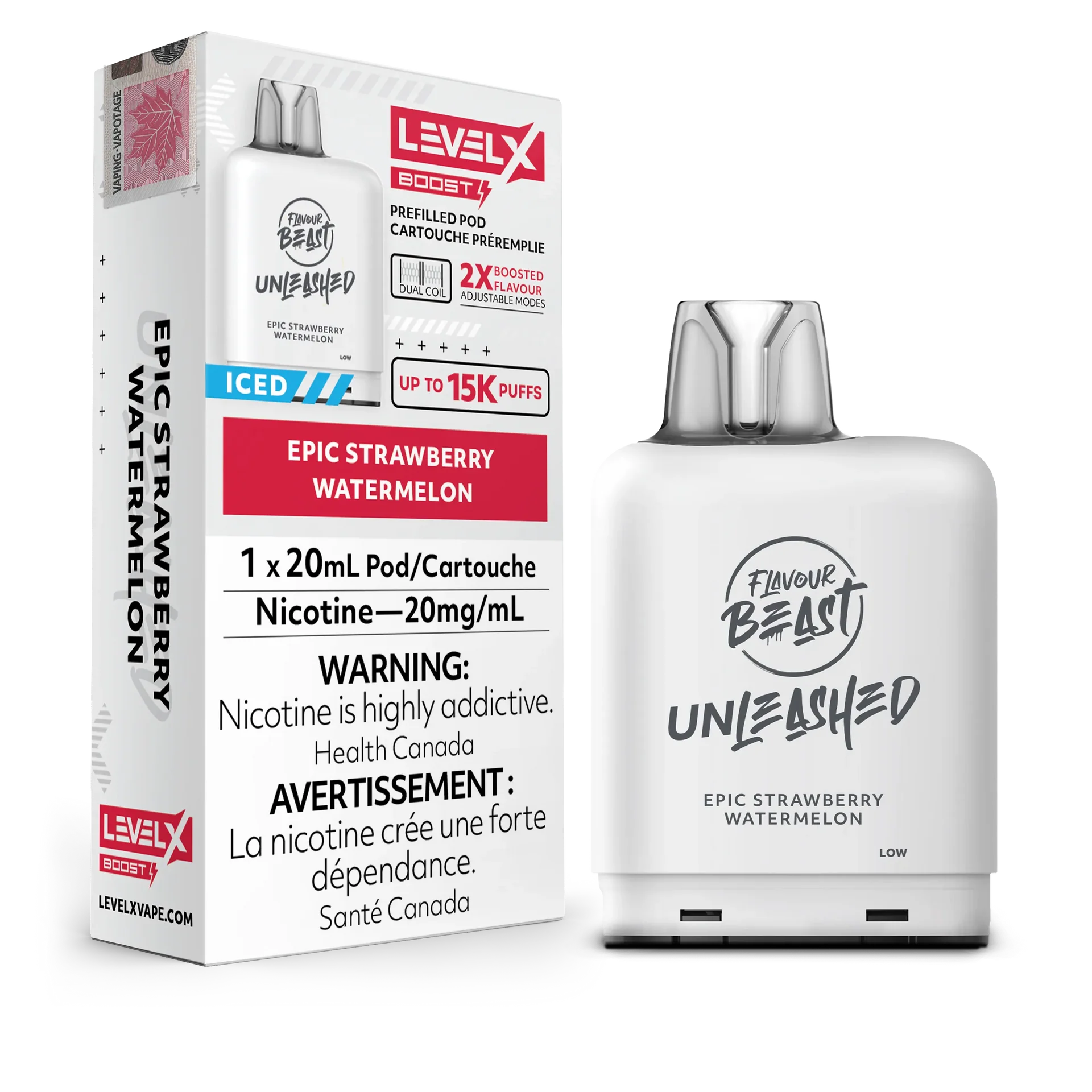White Level X Flavour Beast Boost Unleashed pod and box, Epic Strawberry Watermelon flavor, 20mL, 20mg nicotine.