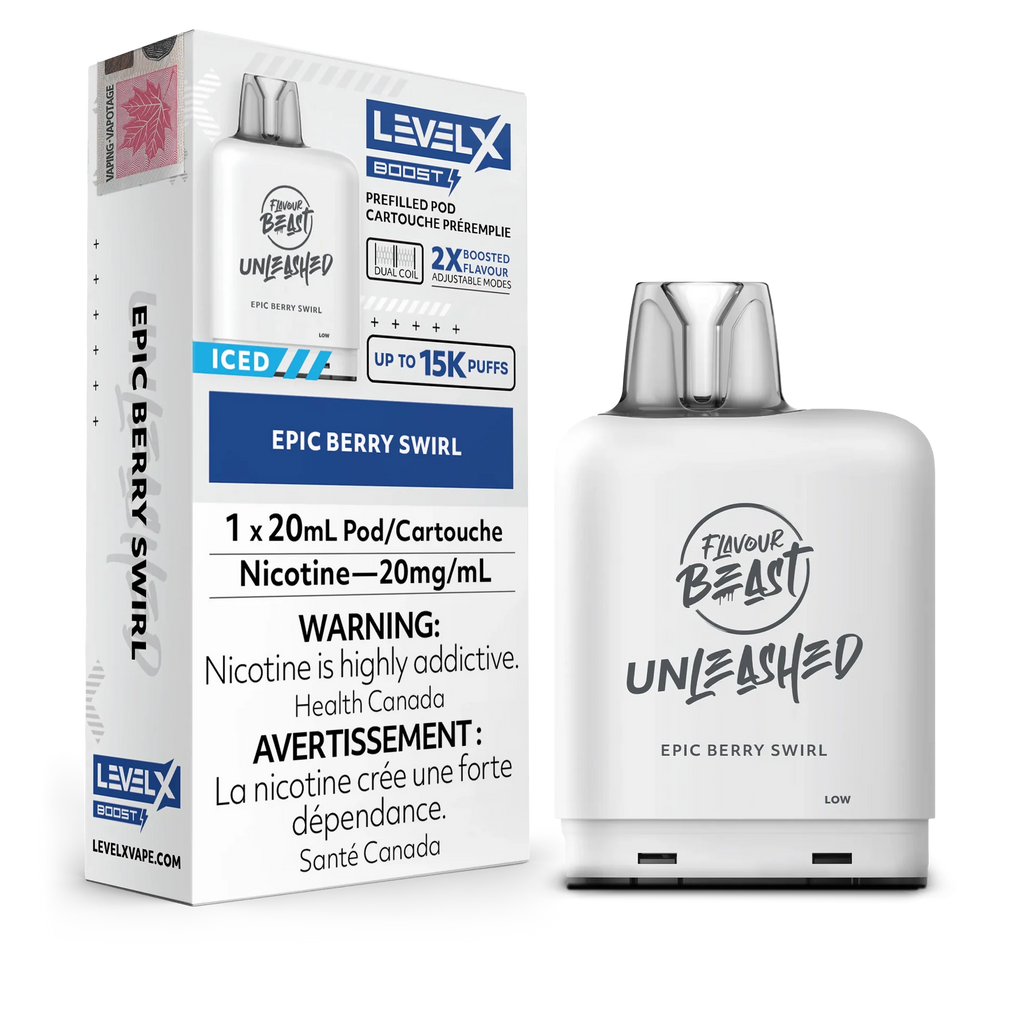 White Level X Flavour Beast Boost Unleashed pod and packaging, Epic Berry Swirl flavor, 20mL, 20mg nicotine.