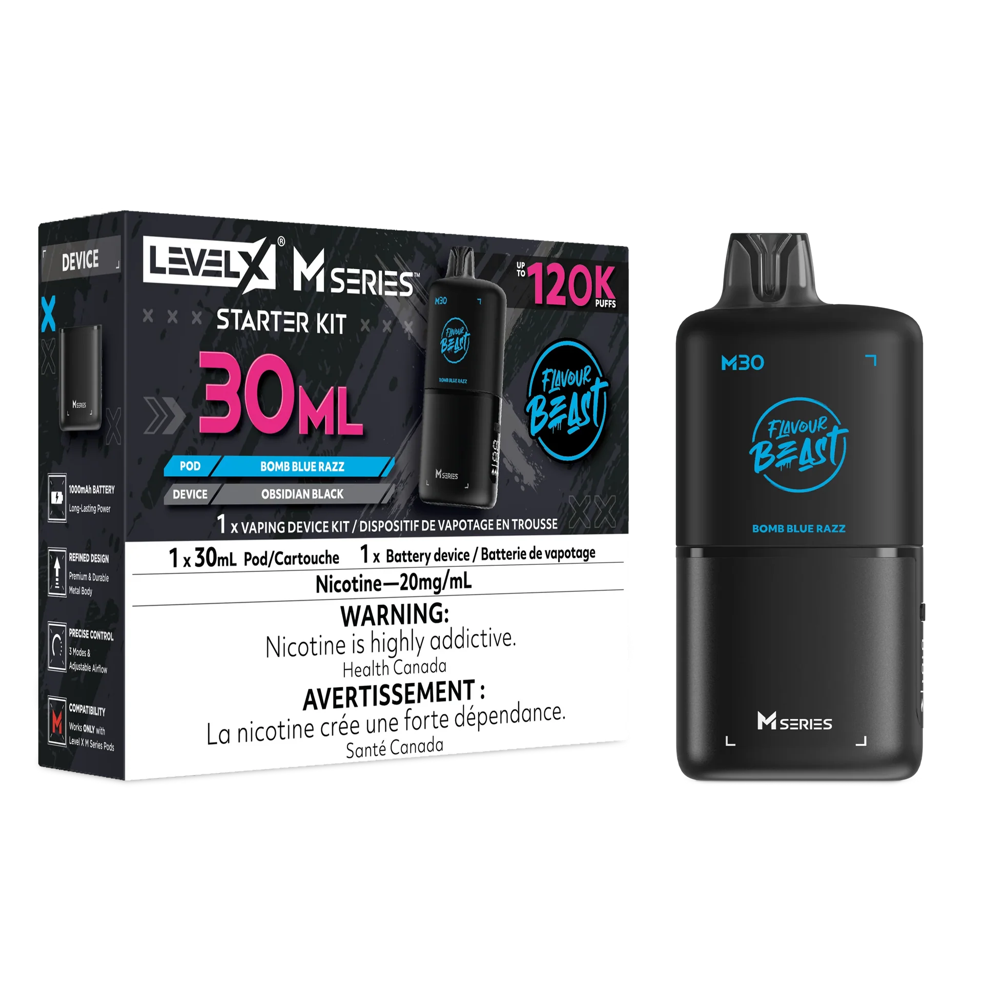 Bomb Blue Razz Level X M Series Starter Kit 30mL 120K Pod