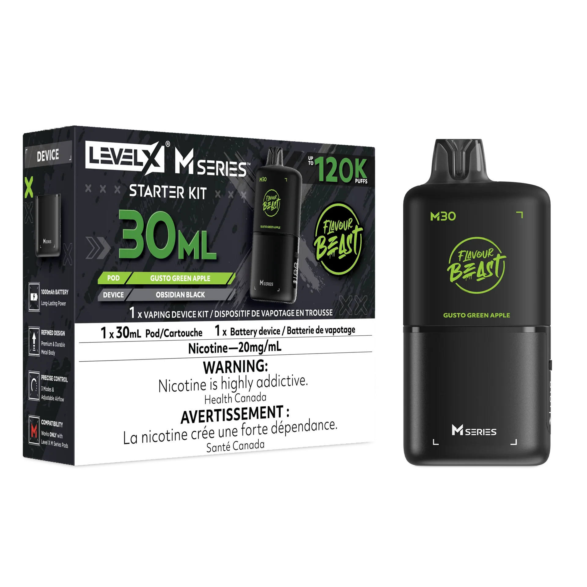 Gusto Green Apple Level X M Series Starter Kit 30mL 120K Pod