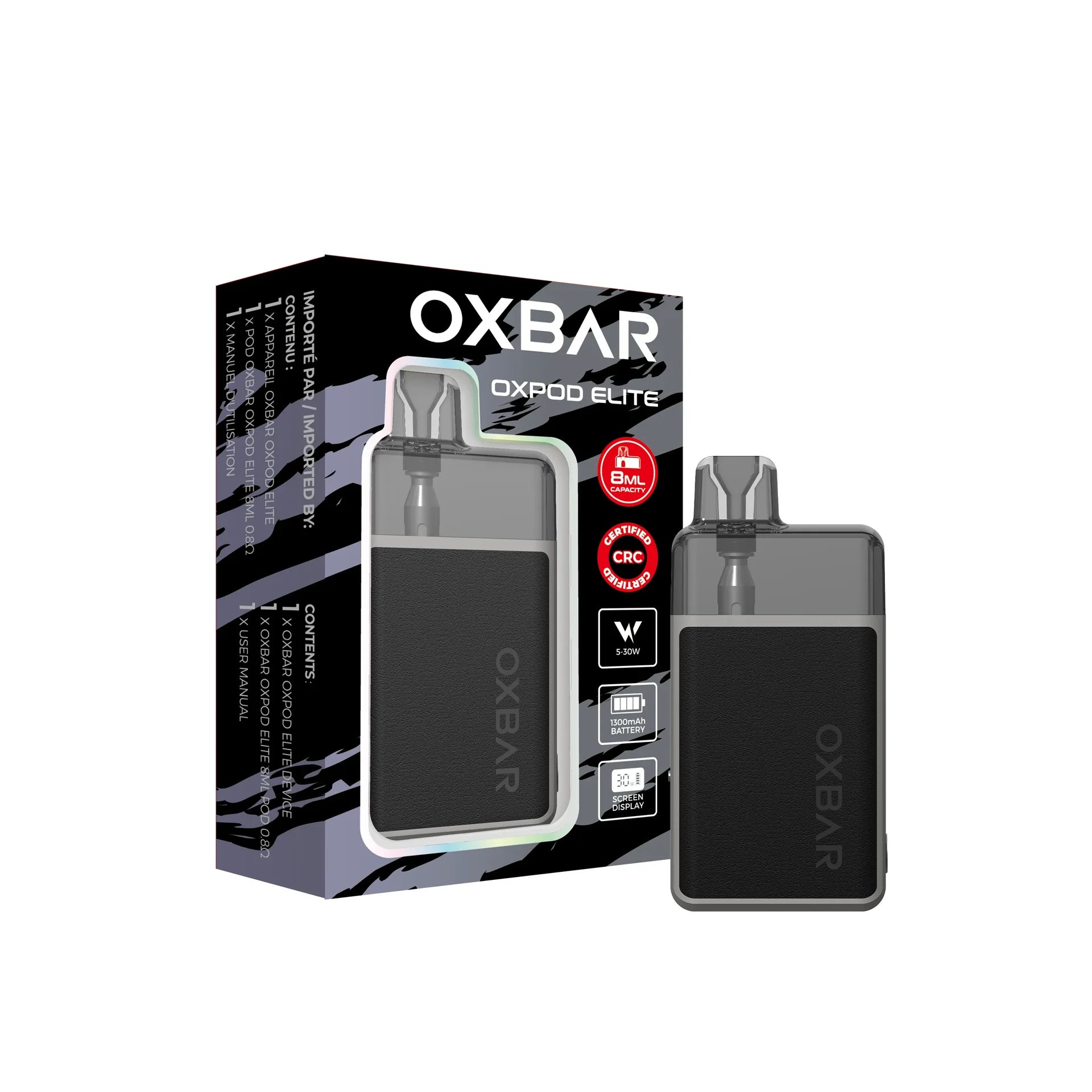 Black Oxbar Oxpod Elite Kit with transparent pod, 30W, 1000mAh battery, and display, shown with packaging.
