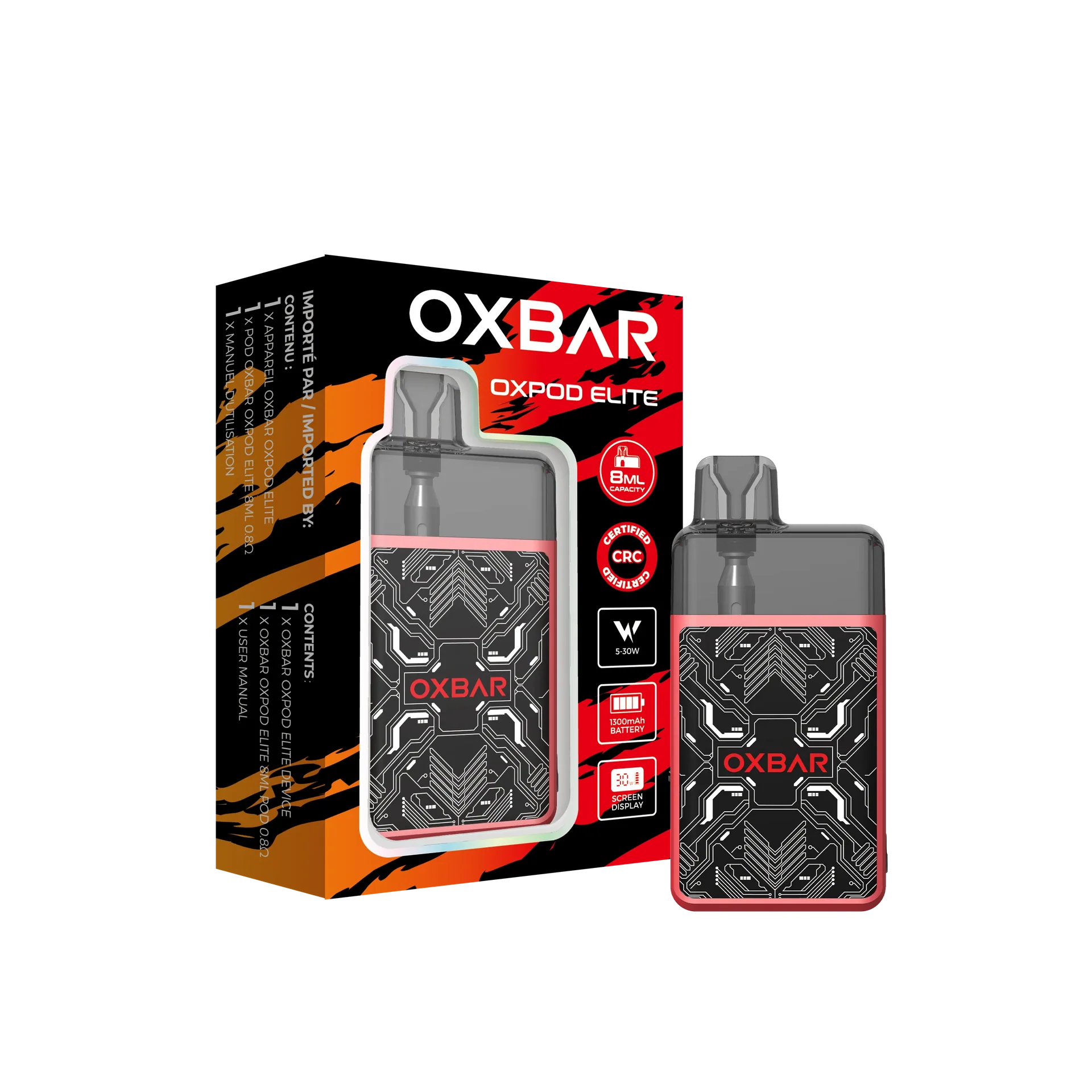 Oxbar Oxpod Elite Kit in red with black circuit board design, 30W, 1000mAh battery, and 8ml capacity.