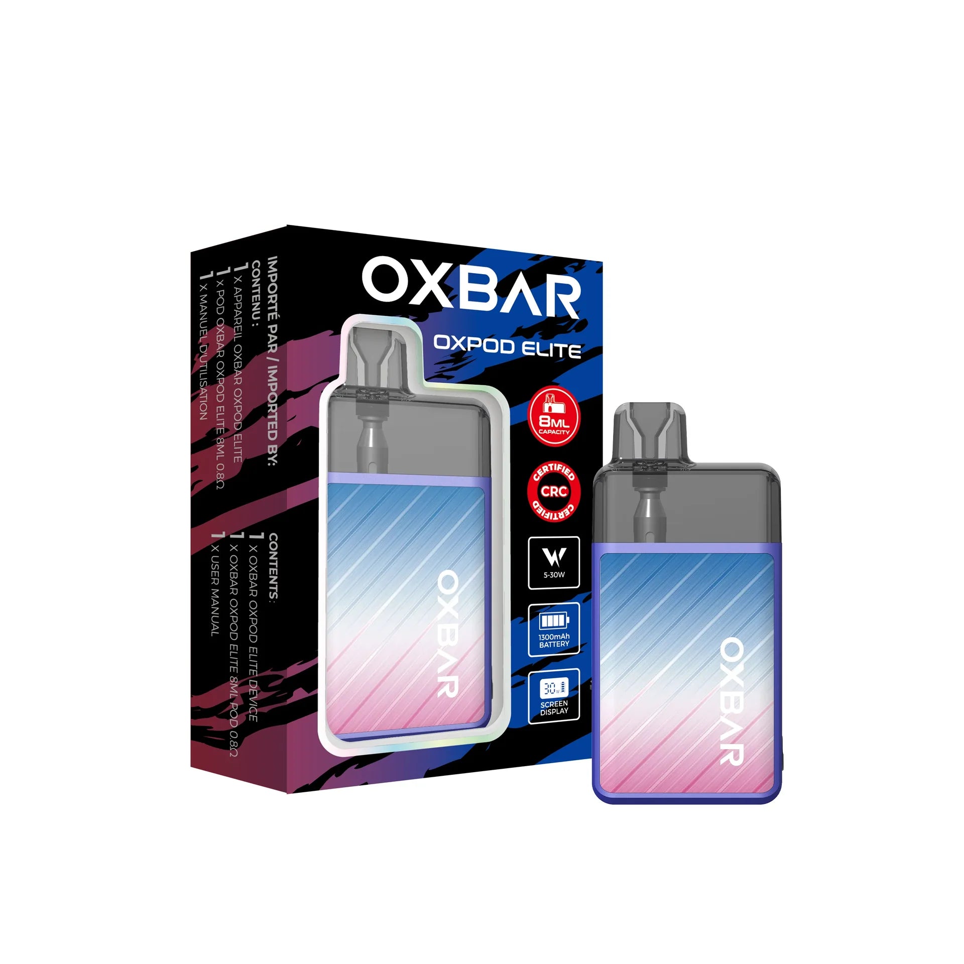 Oxbar Oxpod Elite Kit with a gradient blue to pink device, 8ml capacity, 1000mAh battery, and display.
