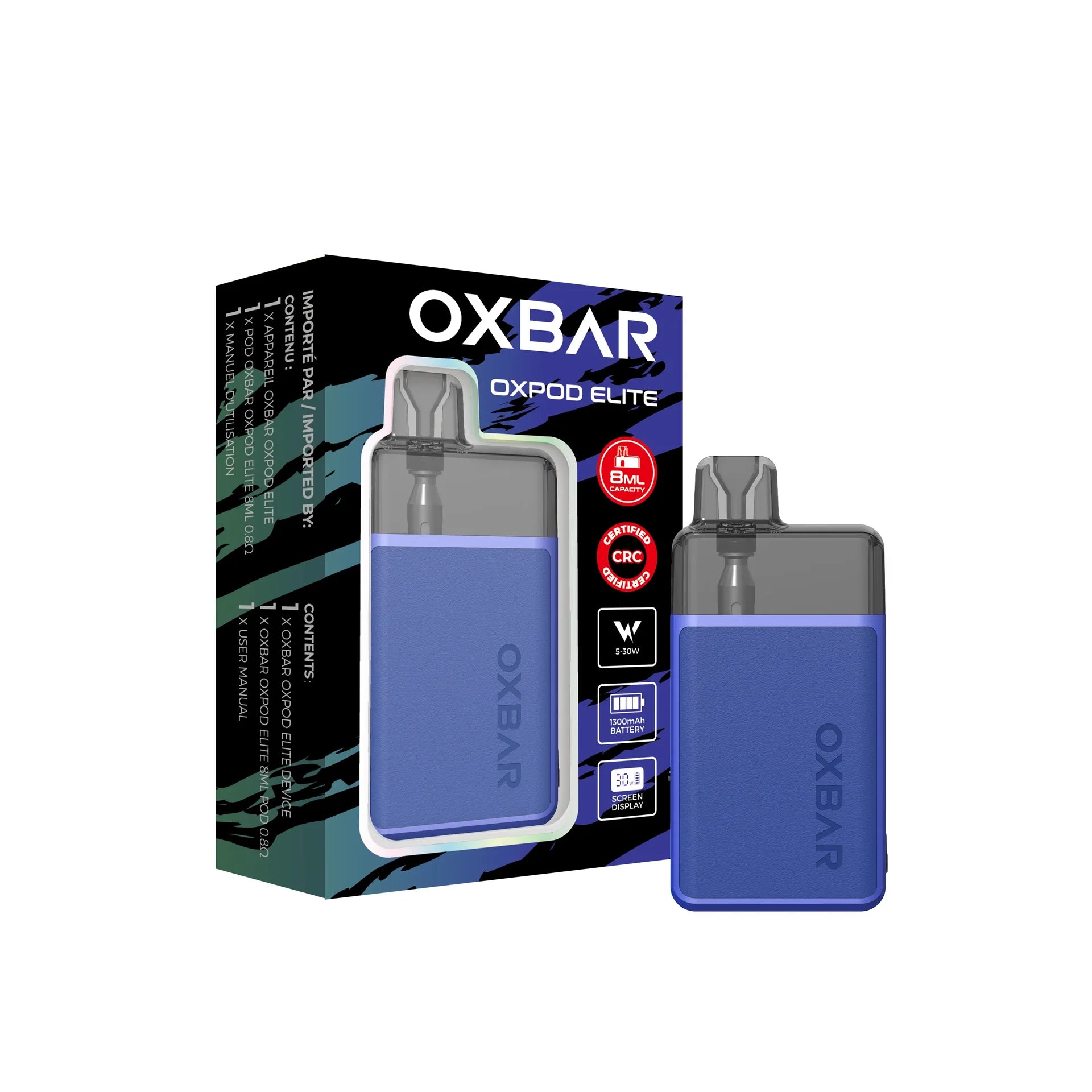Oxbar Oxpod Elite Kit in blue, with its packaging showing features like 1000mAh battery and 30W display.