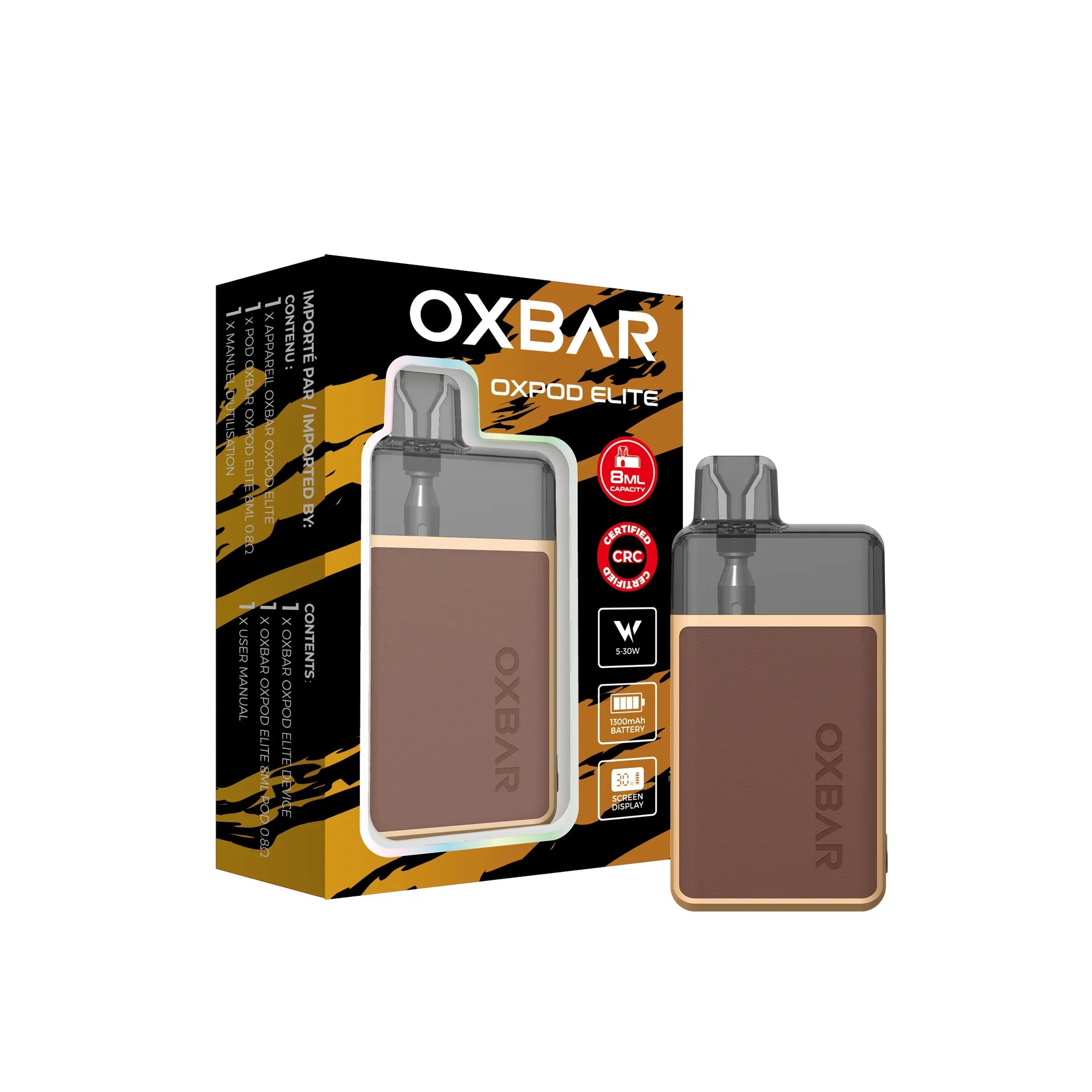 Oxbar Oxpod Elite Kit with brown leather-textured body, gold trim, and clear pod, next to its white and yellow box.