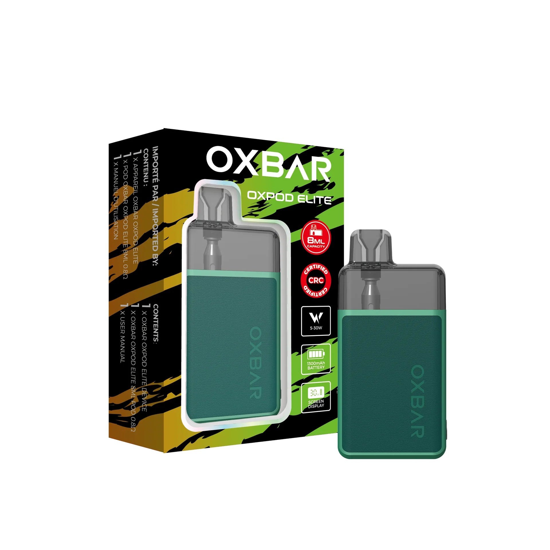 Oxbar Oxpod Elite Kit in dark green, shown next to its white and green retail box highlighting 8ml capacity, 5-20W, 1000mAh battery, and display.