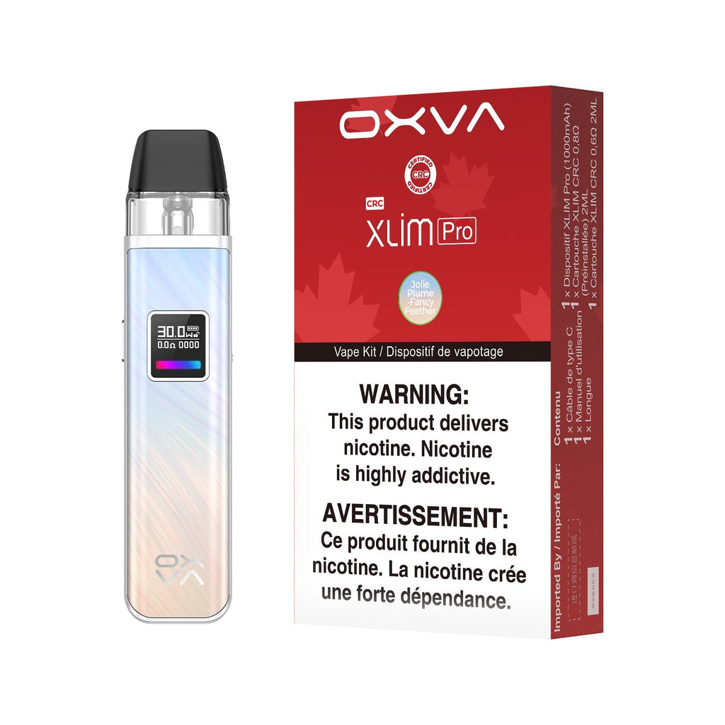 Oxva Xlim Pro Pod Kit in a light gradient finish next to its red and white CRC packaging.