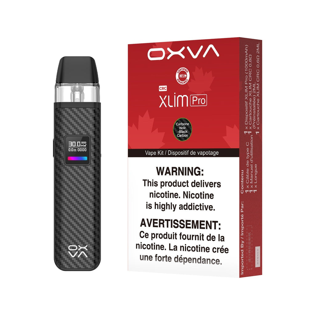 Oxva Xlim Pro Pod Kit in carbon black, displayed next to its red and white CRC packaging.
