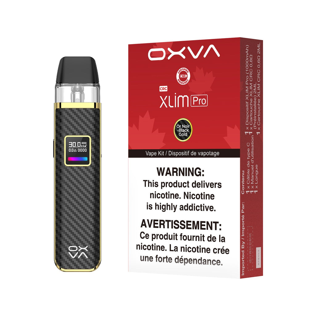 Black and gold Oxva Xlim Pro pod kit with carbon fiber texture, display screen, and red retail packaging.