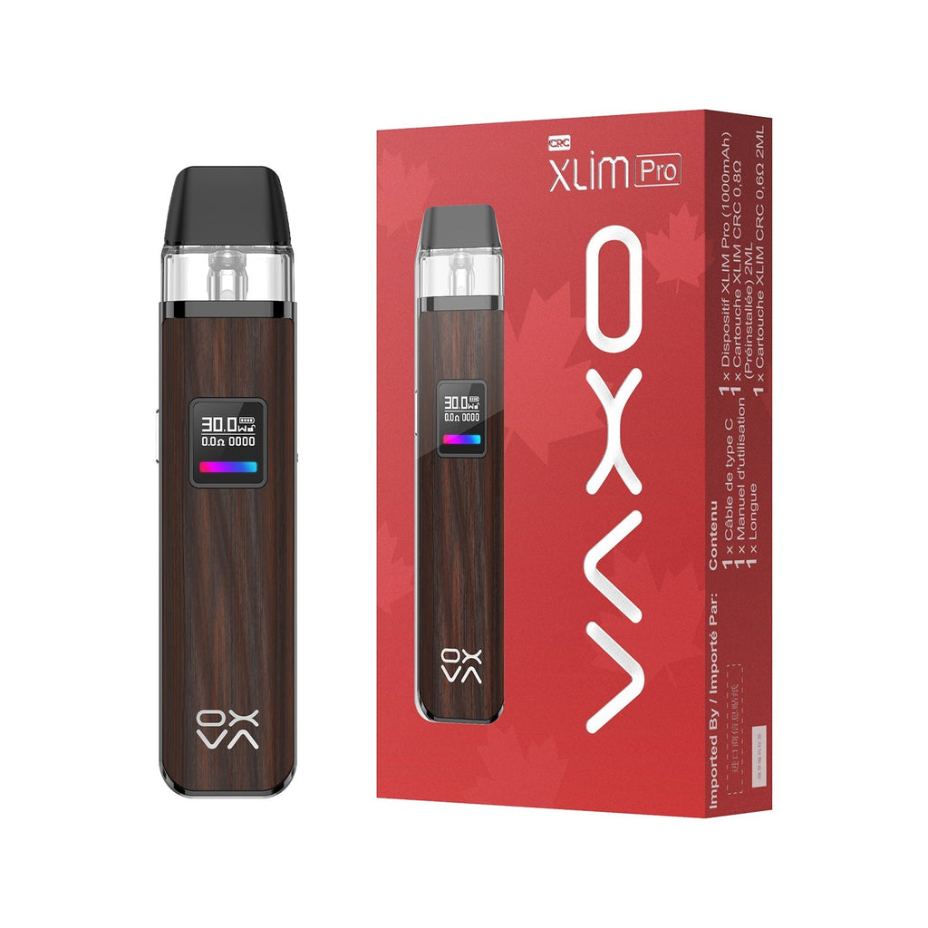 Oxva Xlim Pro Pod Kit in dark wood grain finish with its red and white product box.
