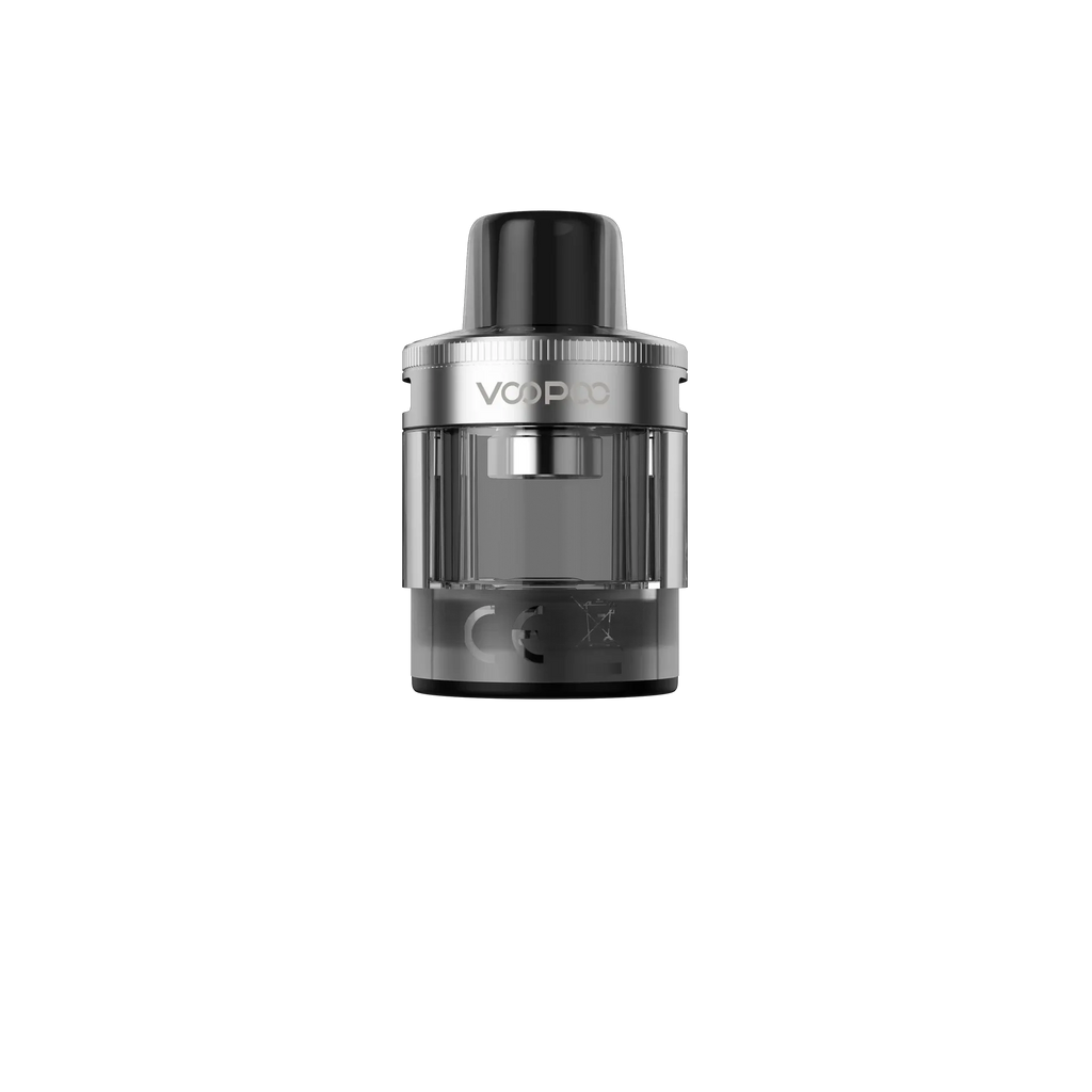 Voopoo PnP X Pod Tank DTL with black mouthpiece, clear tank, and silver base, featuring Voopoo branding.