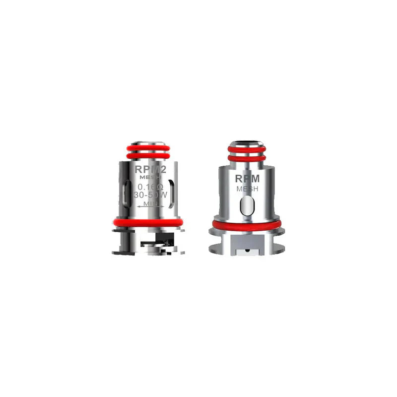 Two silver SMOK RPM2 replacement coils with red O-rings, one labeled "RPM2 MESH 0.16Ω 30-50W" and the other "RPM MESH".