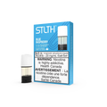 Stlth Blue Raspberry vape pods, 3-pack, 20mg/mL nicotine, with one pod detached.