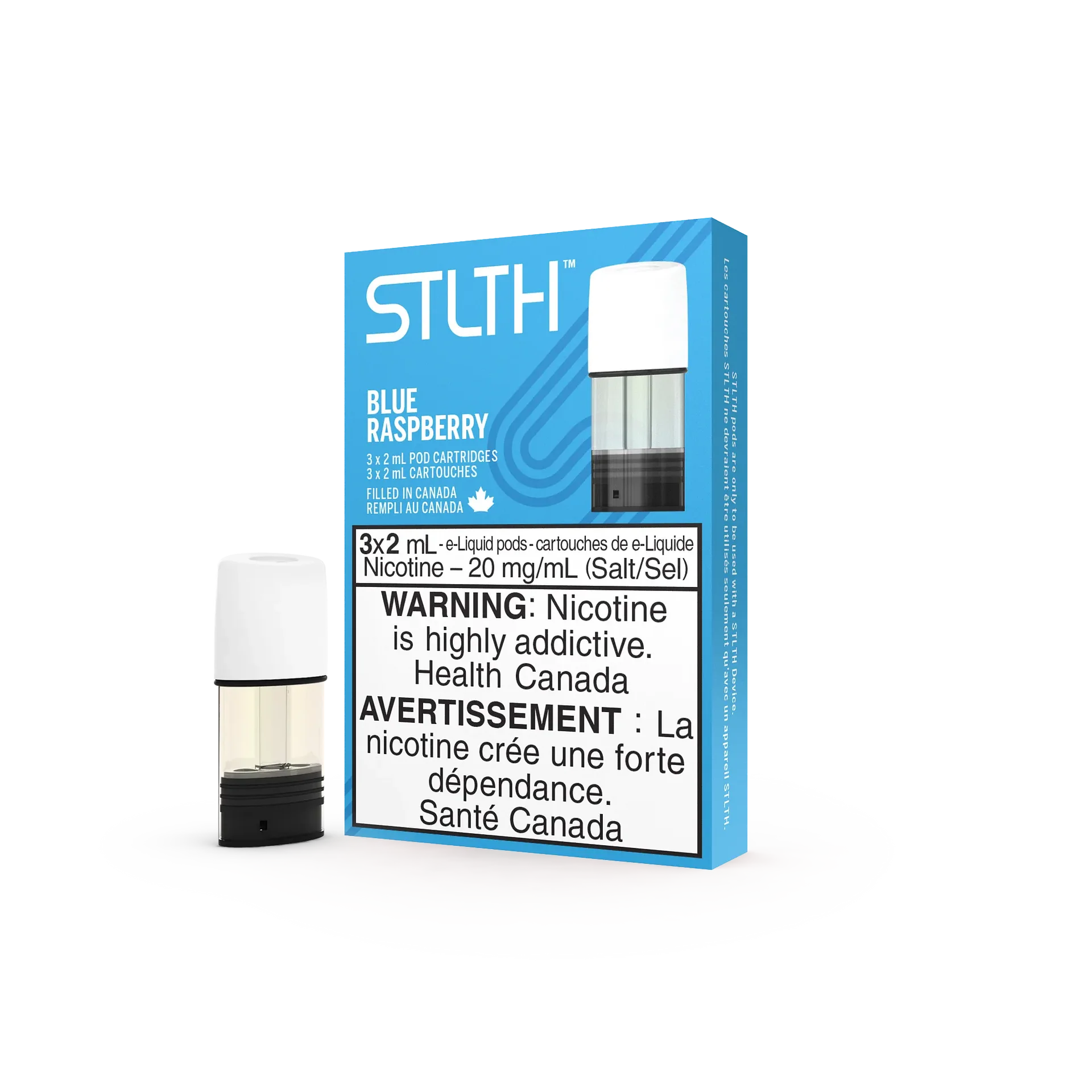 Stlth Blue Raspberry vape pods, 3-pack, 20mg/mL nicotine, with one pod detached.