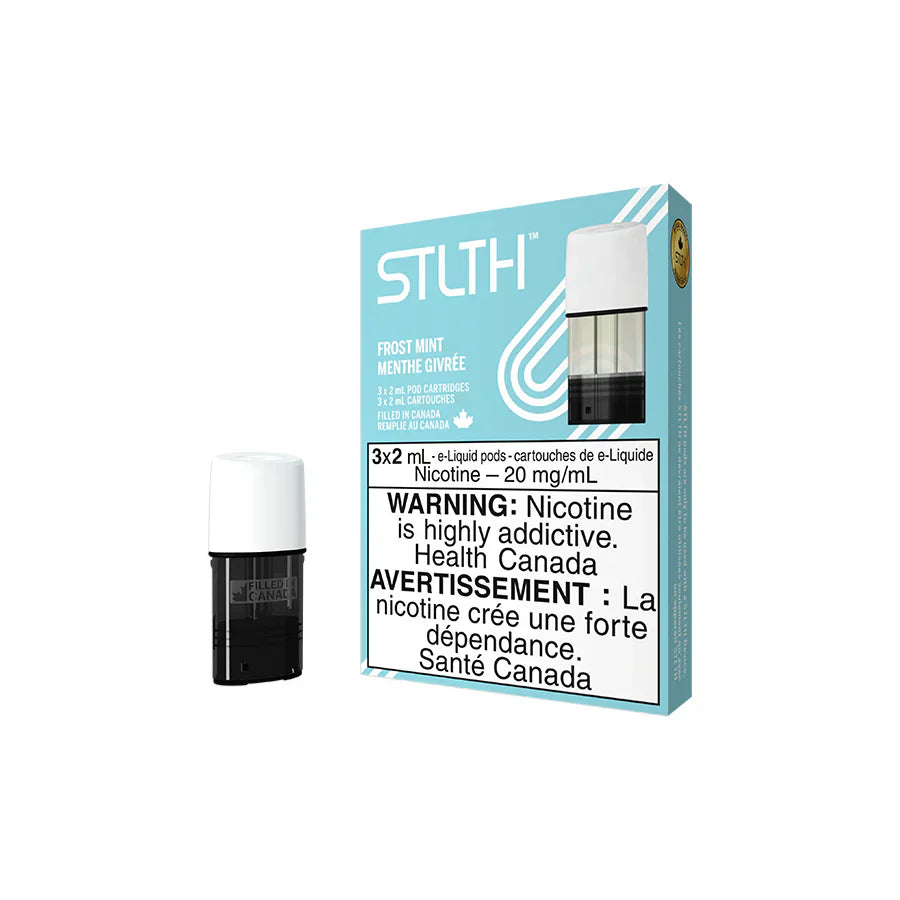 Stlth Frost Mint vape pod and light blue box with white and black text, 2% nicotine.