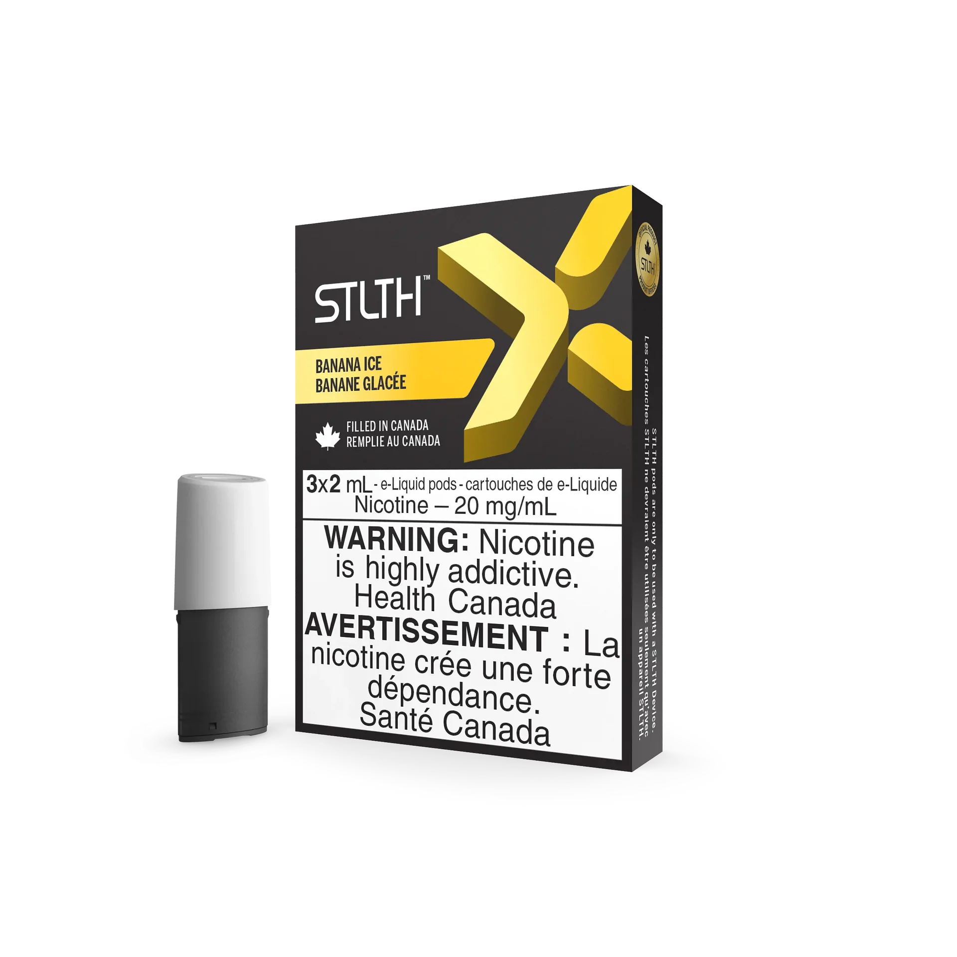 STLTH X Banana Ice vape pods, 3-pack, black and yellow packaging with a single black and white pod.