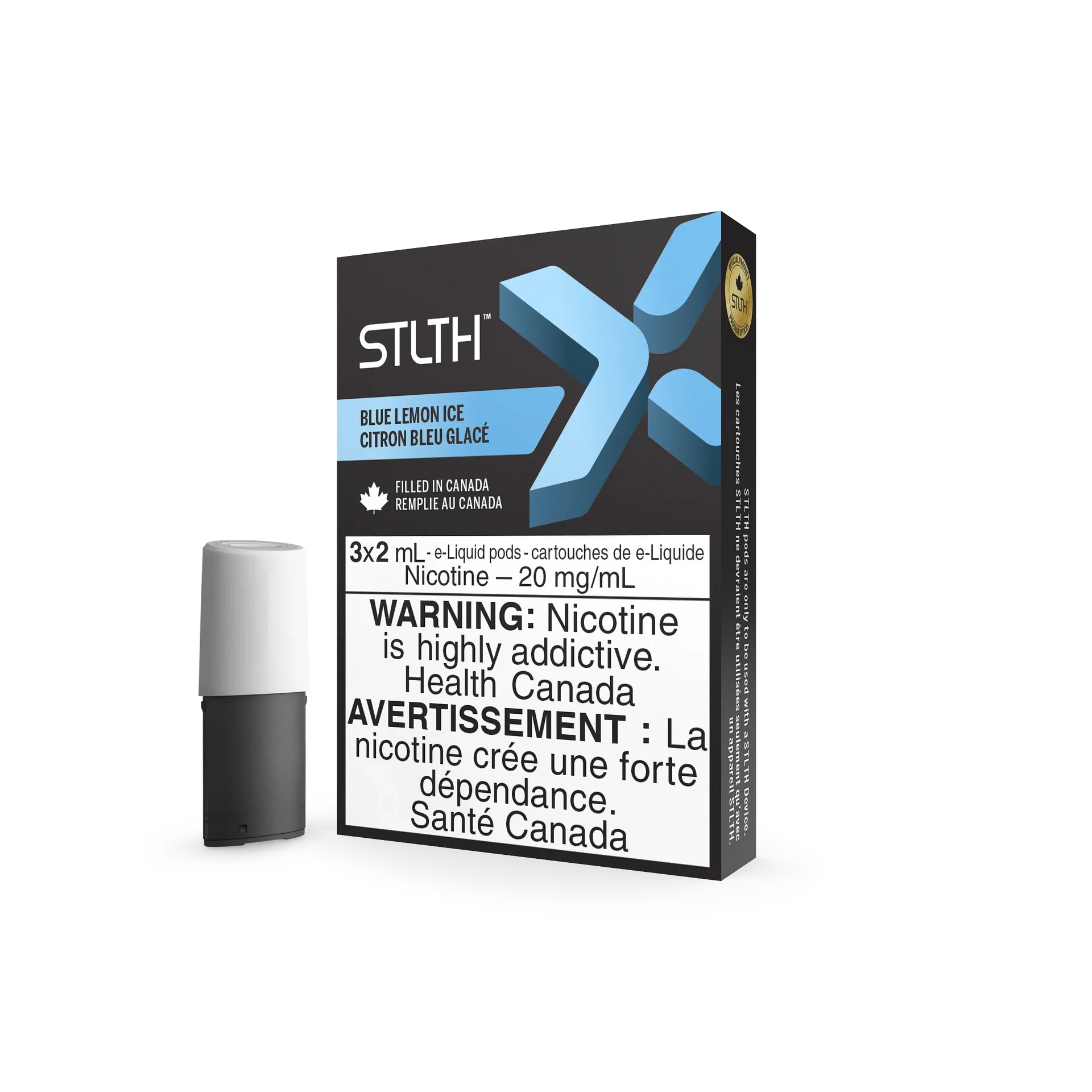 STLTH X Blue Lemon Ice vape pod box with a single black and white pod beside it.