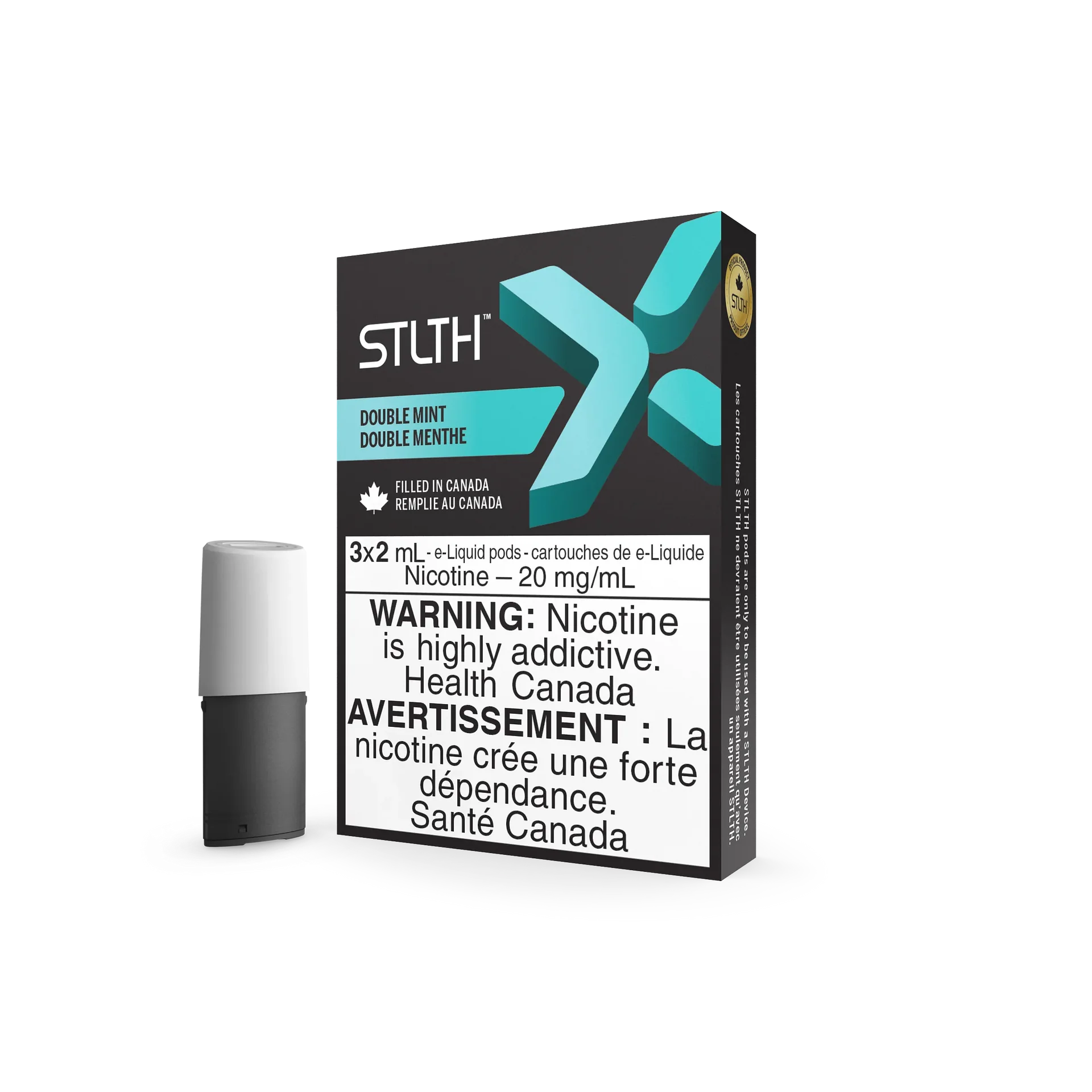 Stlth X Double Mint vape pods: white and teal box with a single black and white pod.
