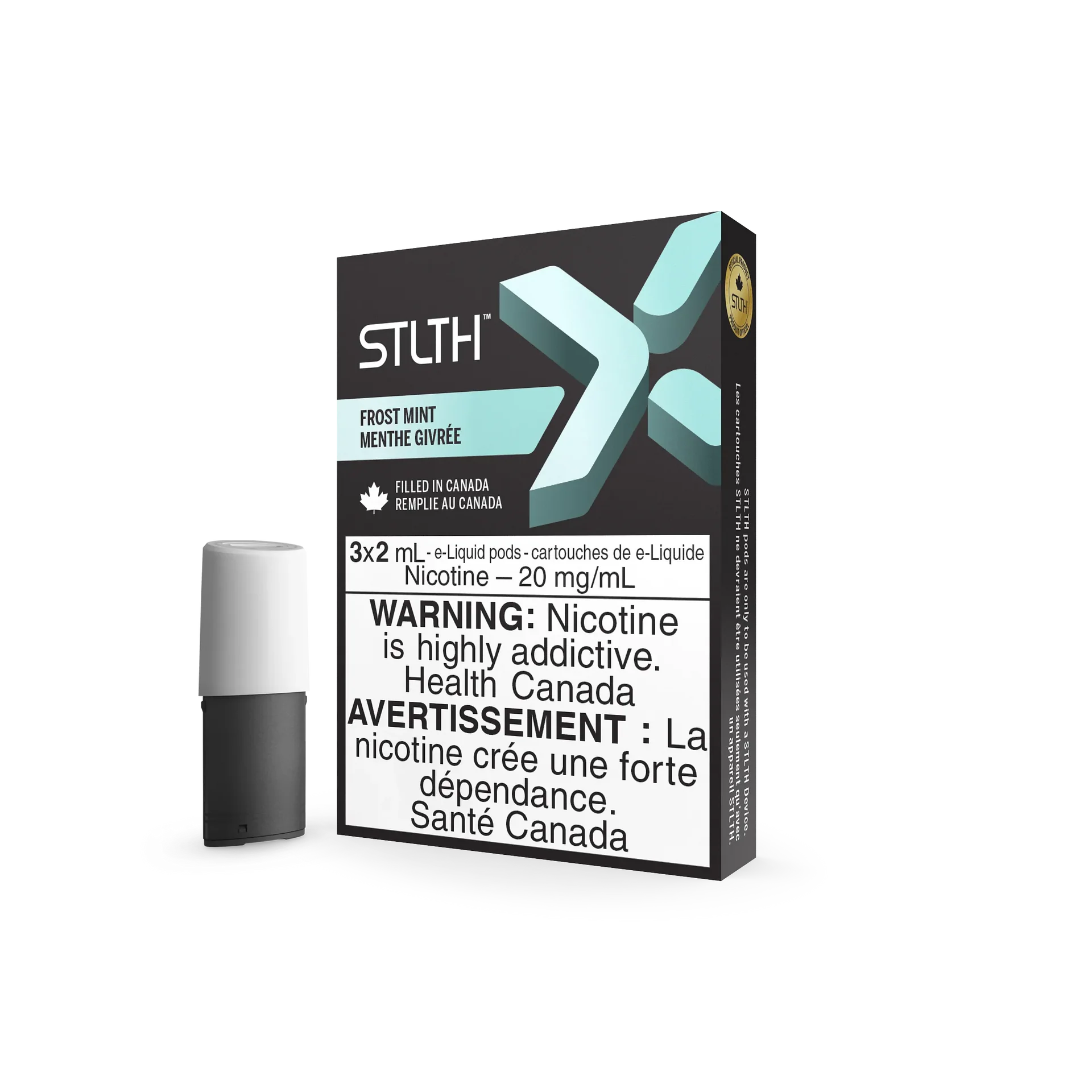 Stlth X Frost Mint vape pods: white and black pod next to a white and blue box with product details.